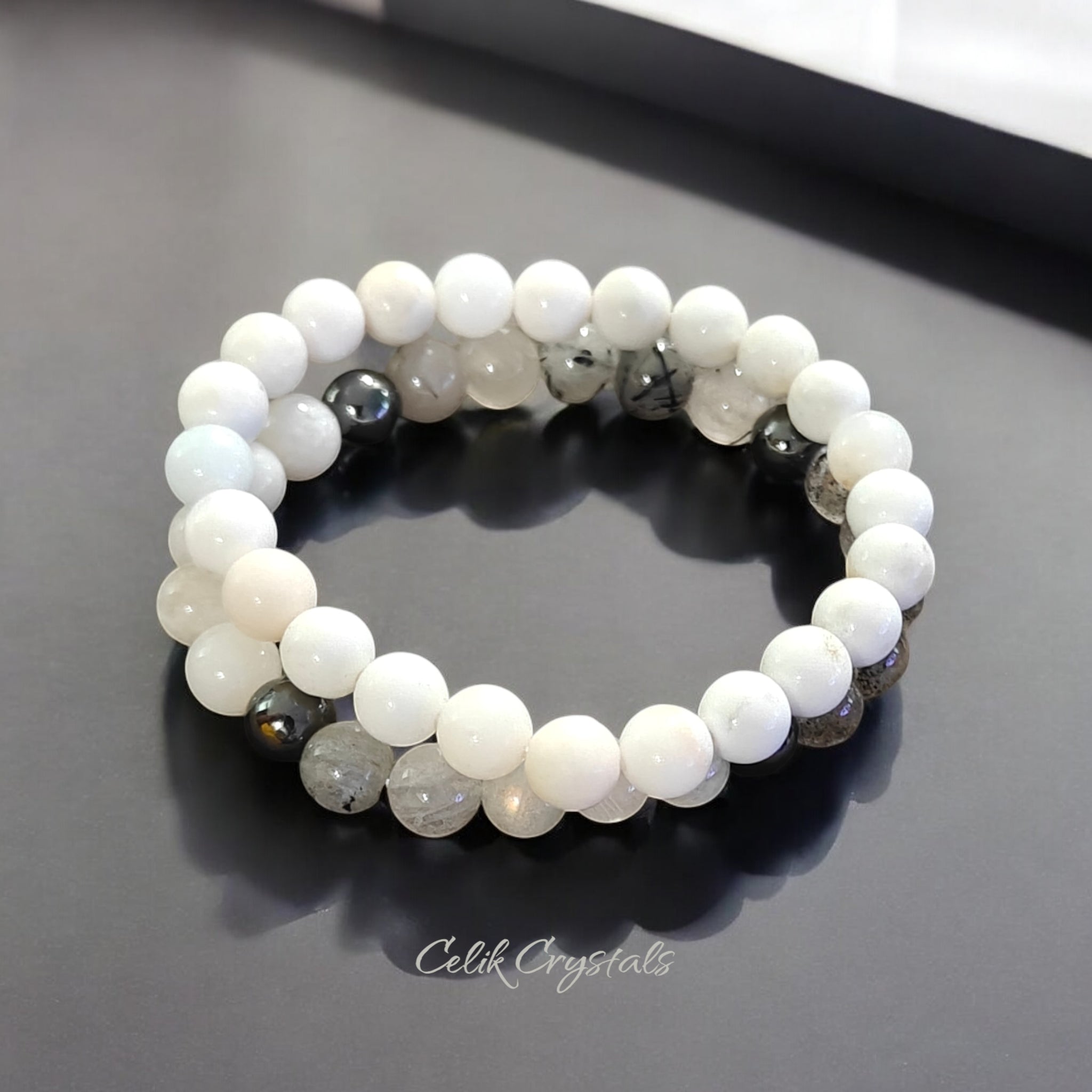 White Opal Crystal Bracelet Stack 8mm Natural Stones Stretches 