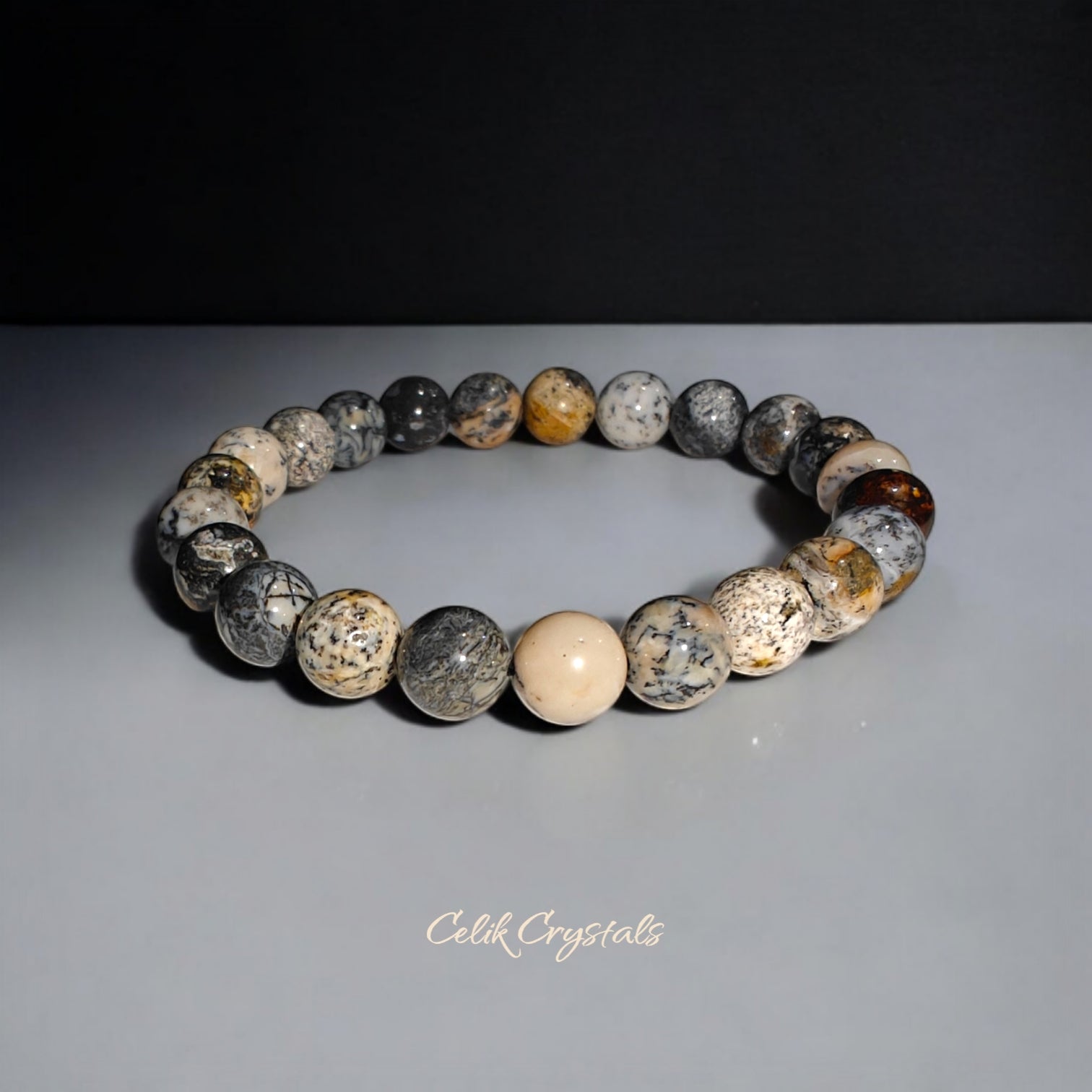 Dendritic Opal Bracelet Natural Stones 8mm Stretches Unisex Healing Bracelet Handmade 