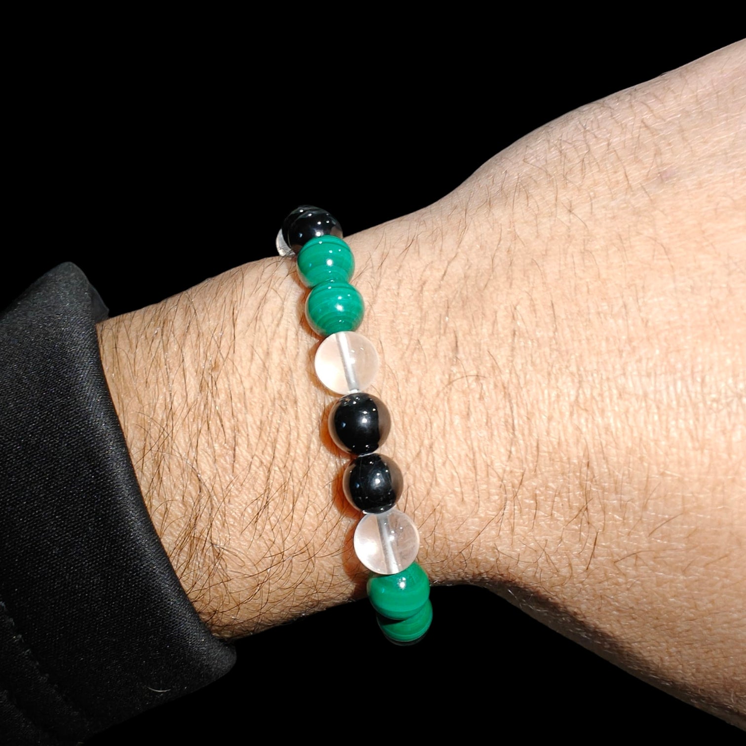 Malachite Bracelet with Black tourmaline and Quartz crystals stretches unisex design 