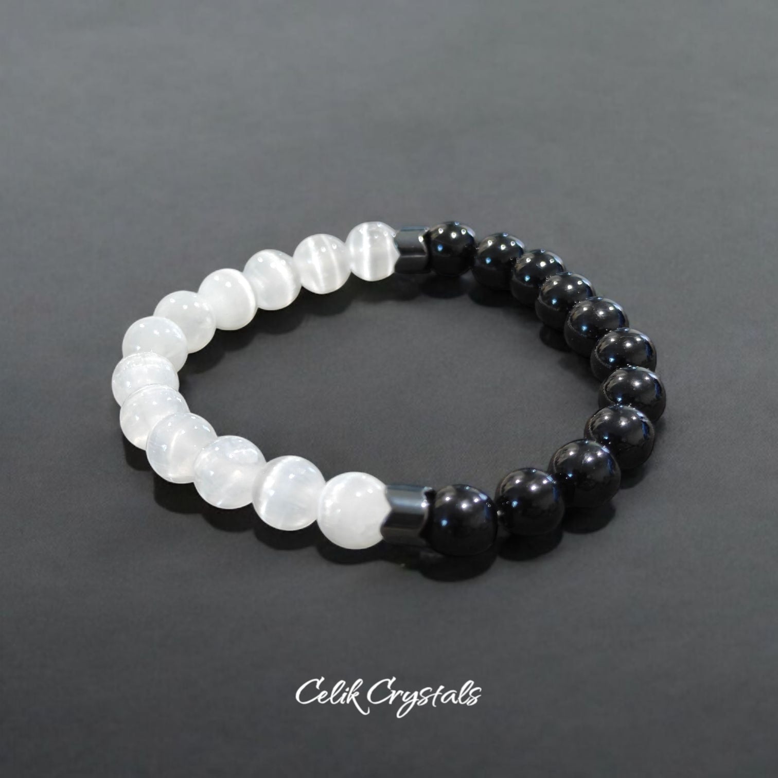 Selenite and Black Tourmaline Bracelet With Hematite spacers 8mm beads natural stones Unisex design Stretches 