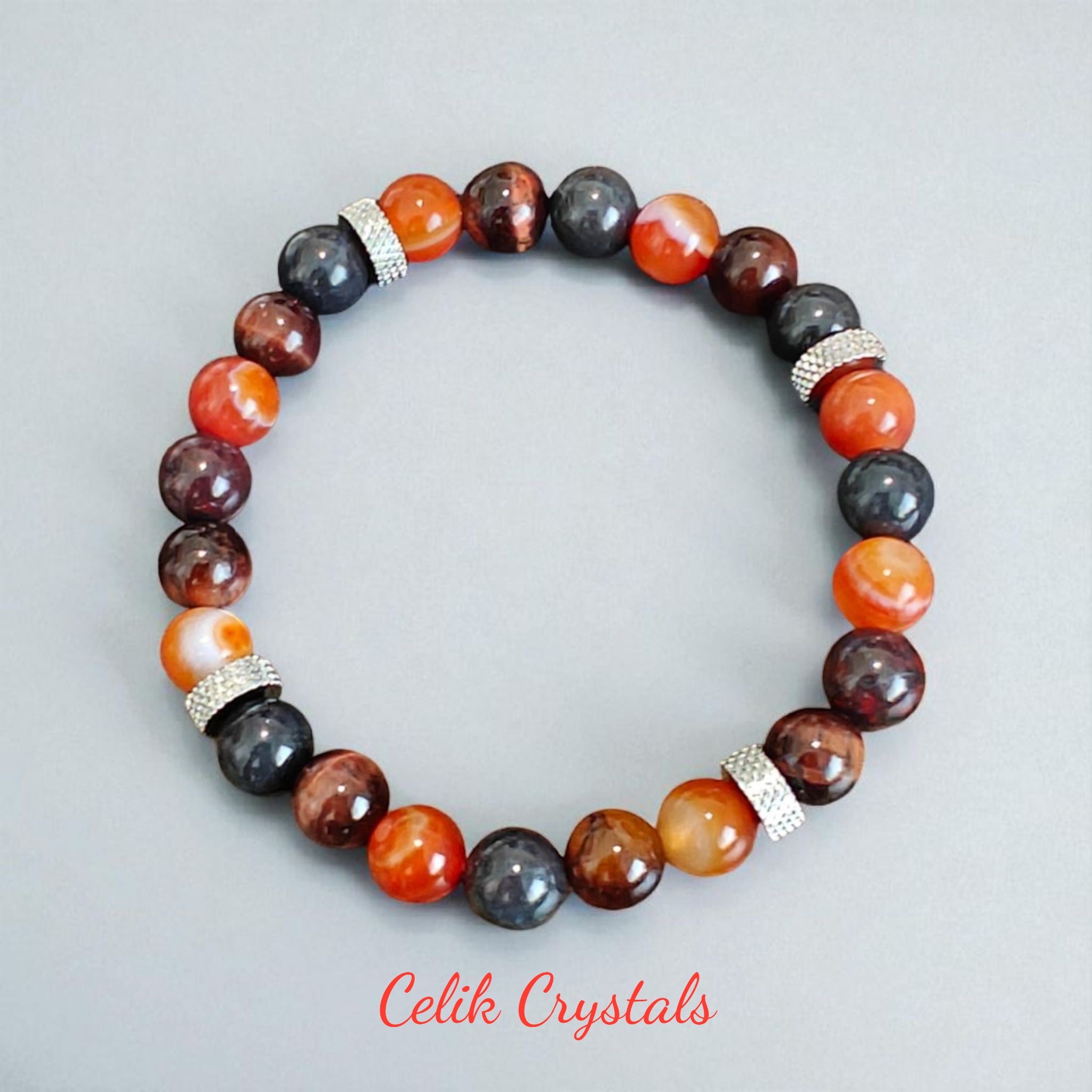 Bloodstone Jasper Bracelet with Carnelian, Red Tiger Eye and Stainless Steel Spacers 