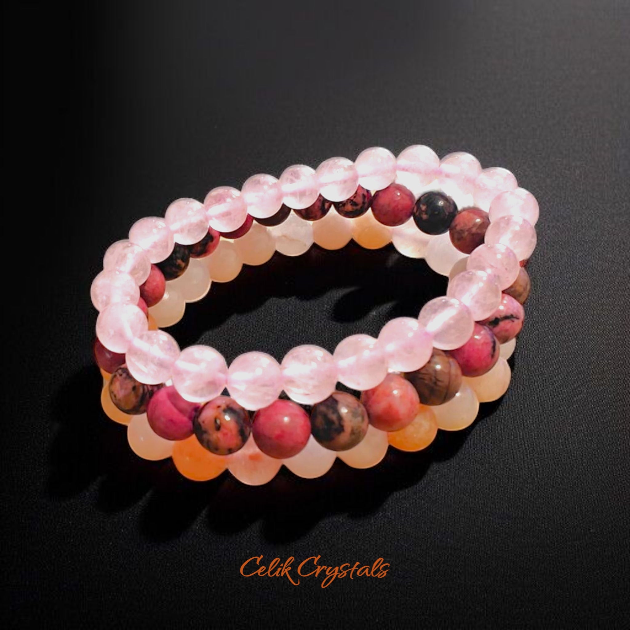 3 Piece Protection Bracelet Set for Love includes Rose Quartz, Rhodonite and Peach Aventurine 