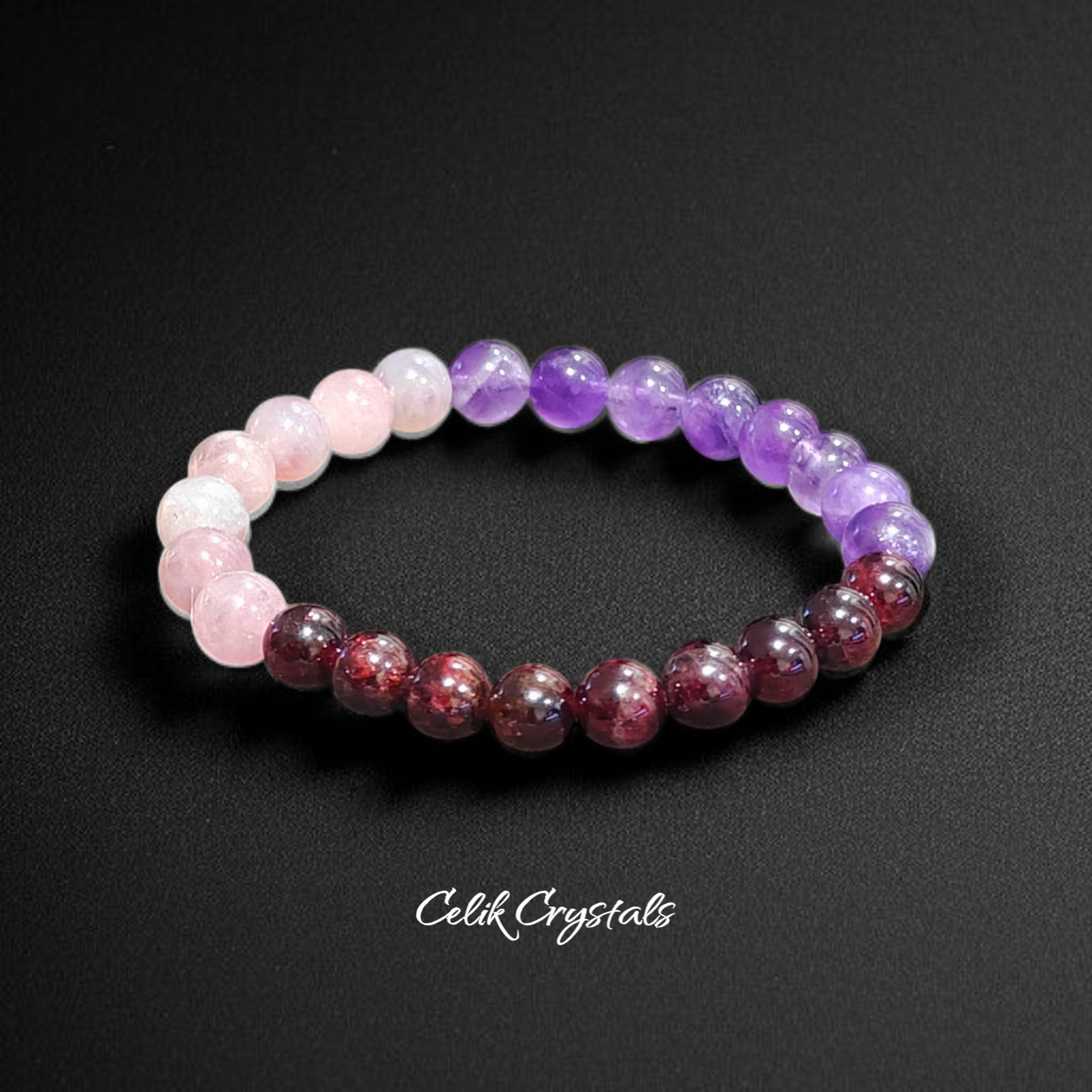 Bracelet with Lavender Rose Quartz, Garnet and Amethyst Stretch Crystal Bracelet 8mm Beads 