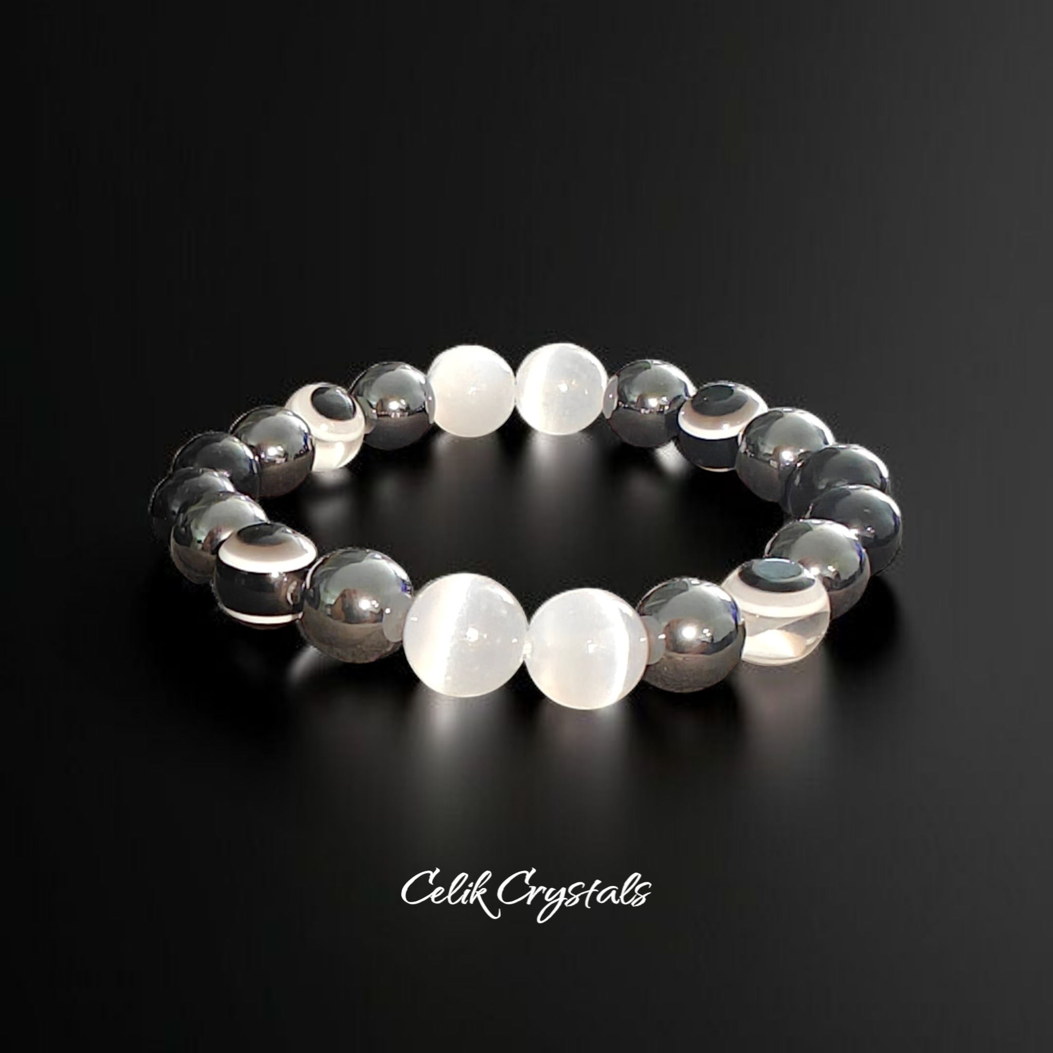 Evil Eye Bracelet with Hematite Black Tourmaline Selenite Natural Stones 8mm or 10mm beads Handmade 