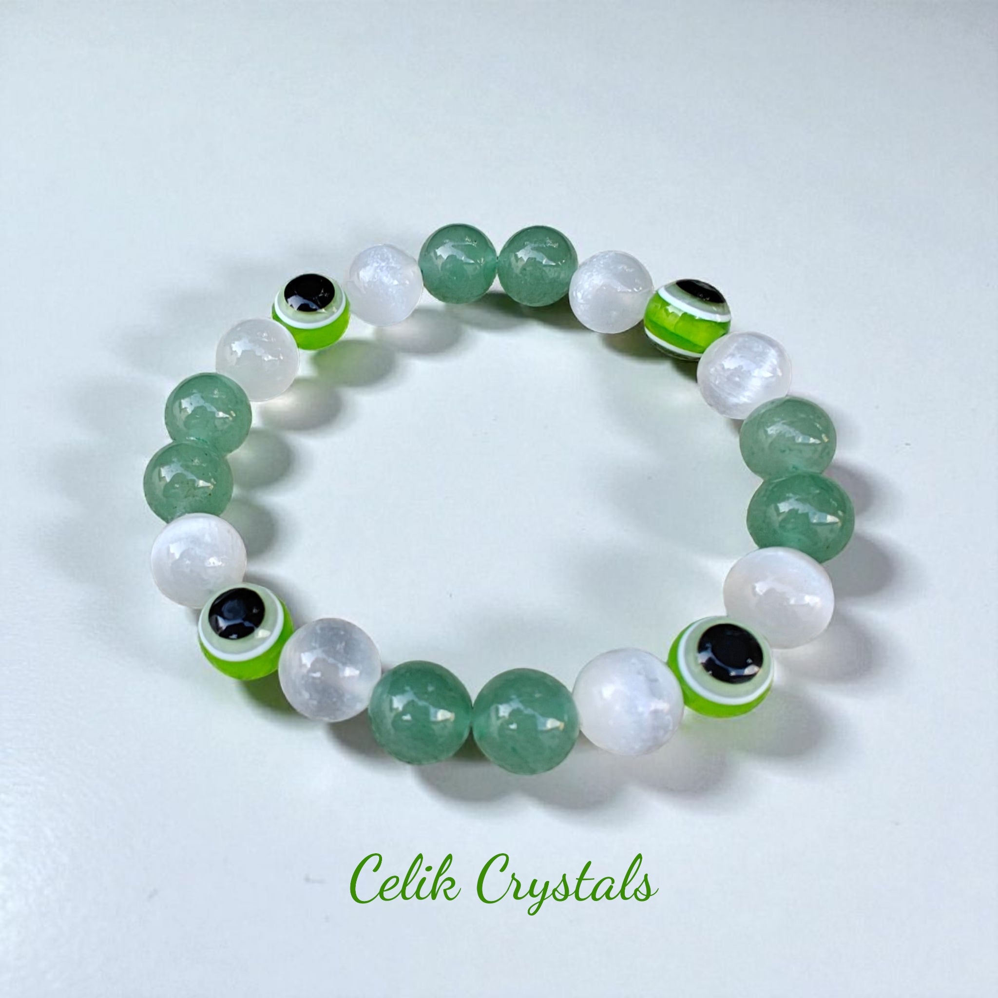 Evil Eye Bracelet with 10mm Green Aventurine, Selenite