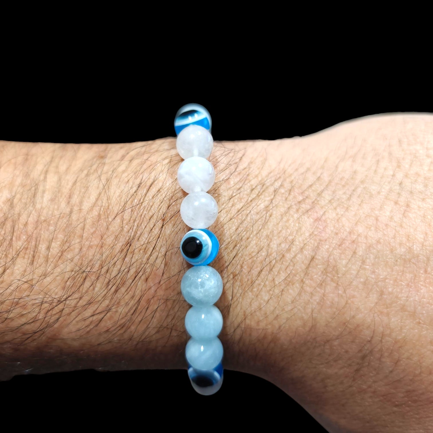 Evil Eye Bracelet with Aquamarine and Moonstone 8mm Natural Stones Stretches Unisex 