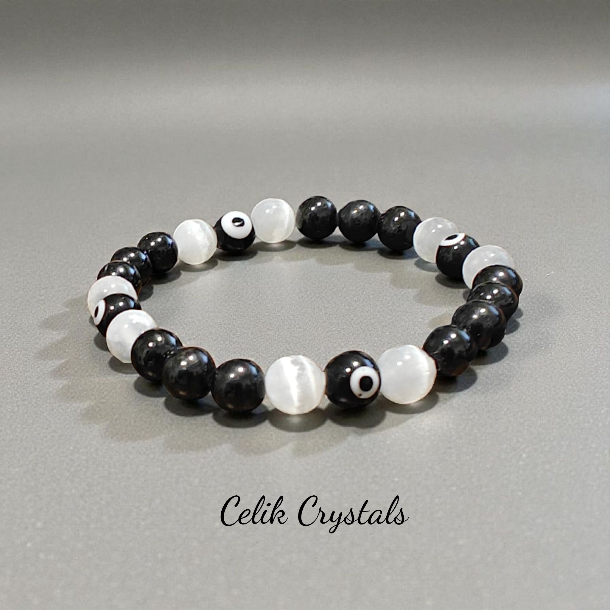 Selenite Black Tourmaline Evil Eye Bracelet 8mm Unisex