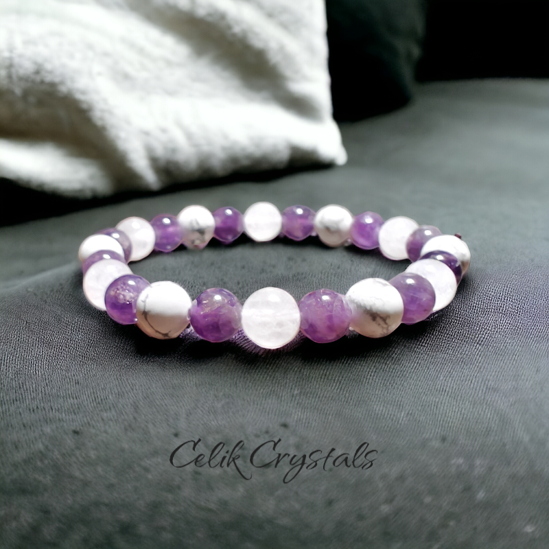 Triple Protection Amethyst White Quartz and Howlite Bracelet 