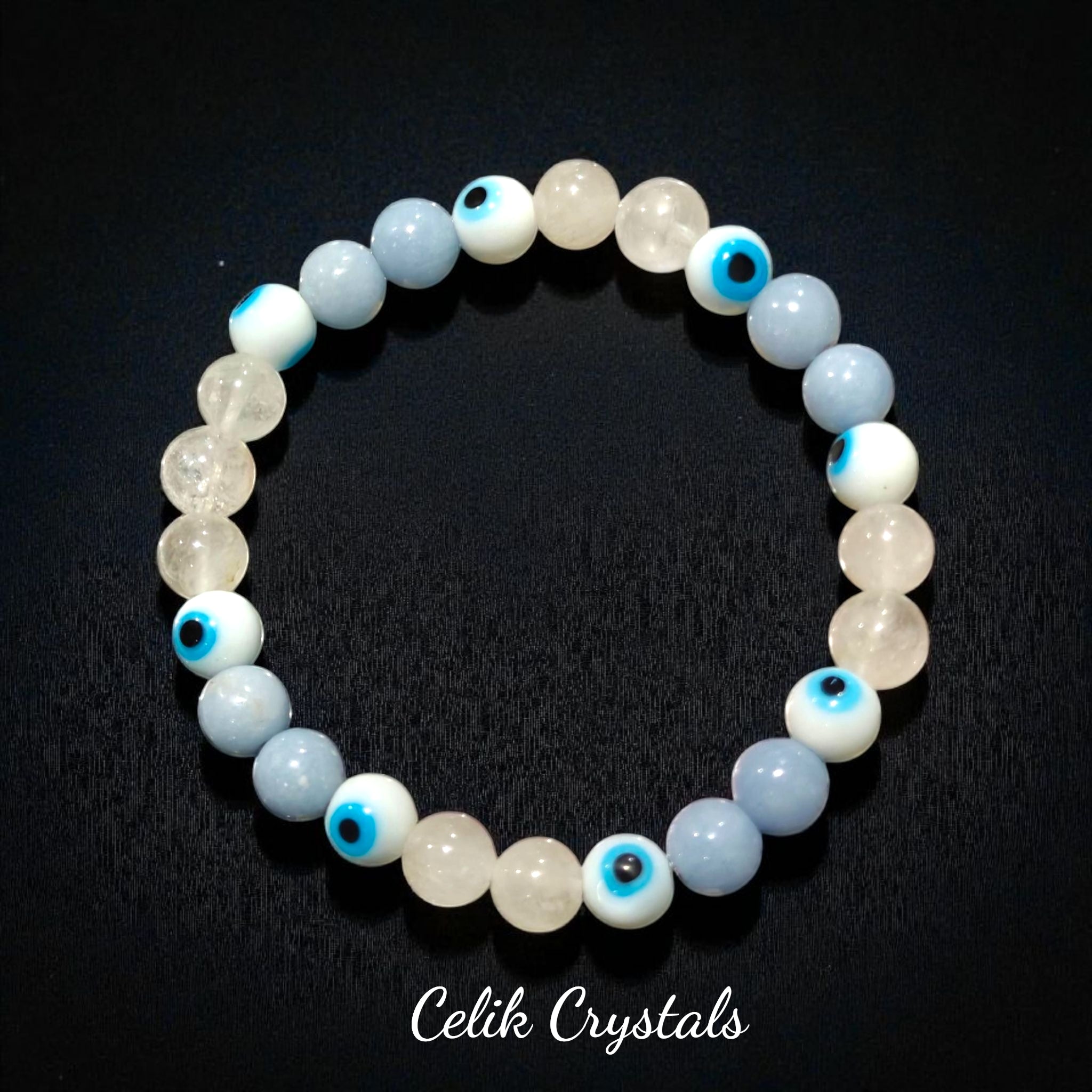Evil Eye Bracelet - Angelite White Quartz 8mm Unisex