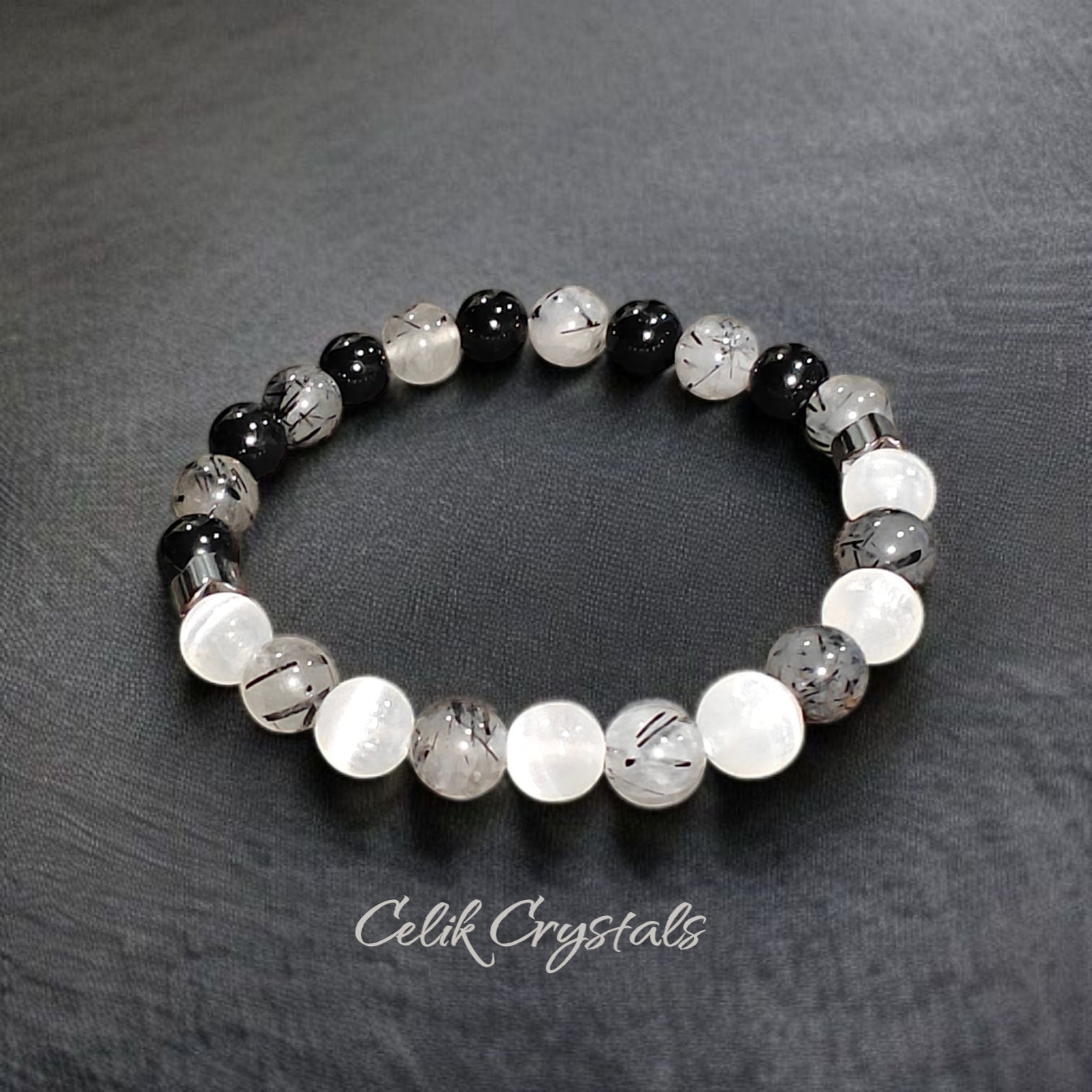 Black Tourmaline Quartz and Selenite Stretch Crystal Bead Bracelet 8mm Unisex 