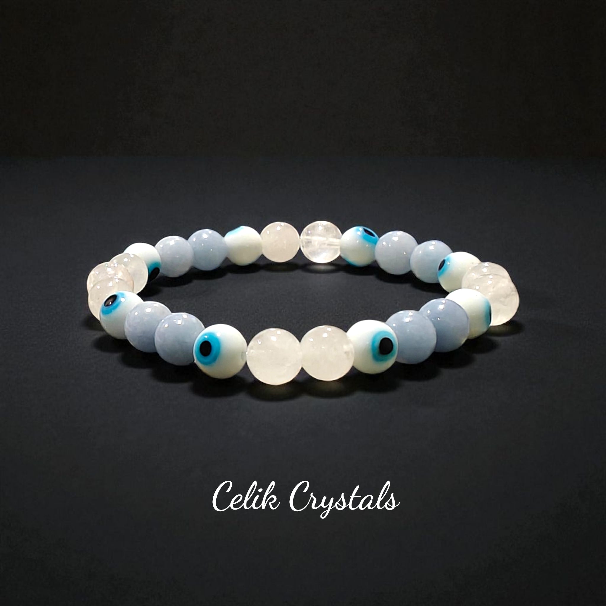 Evil Eye Bracelet - Angelite White Quartz 8mm Unisex