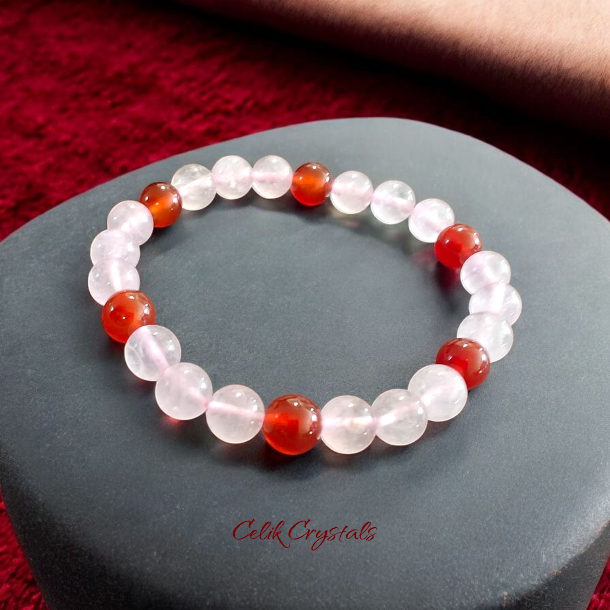 Rose Quartz and Carnelian Bracelet 2 Piece Set Natural Stones 8mm Stretches Women's Bracelet 