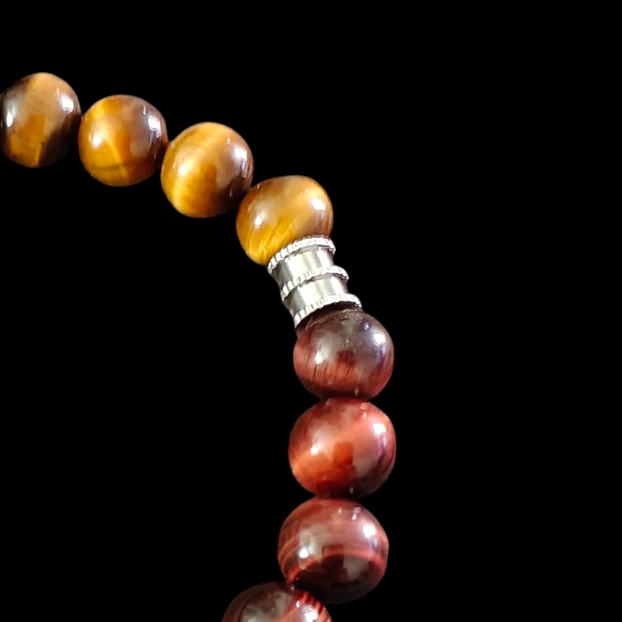 Tiger Eye Bracelet with Red, Blue And Golden Colors Natural Stones with Silver Stainless Steel Spacers Stretches Unisex Healing Bracelet 8mm Beads 