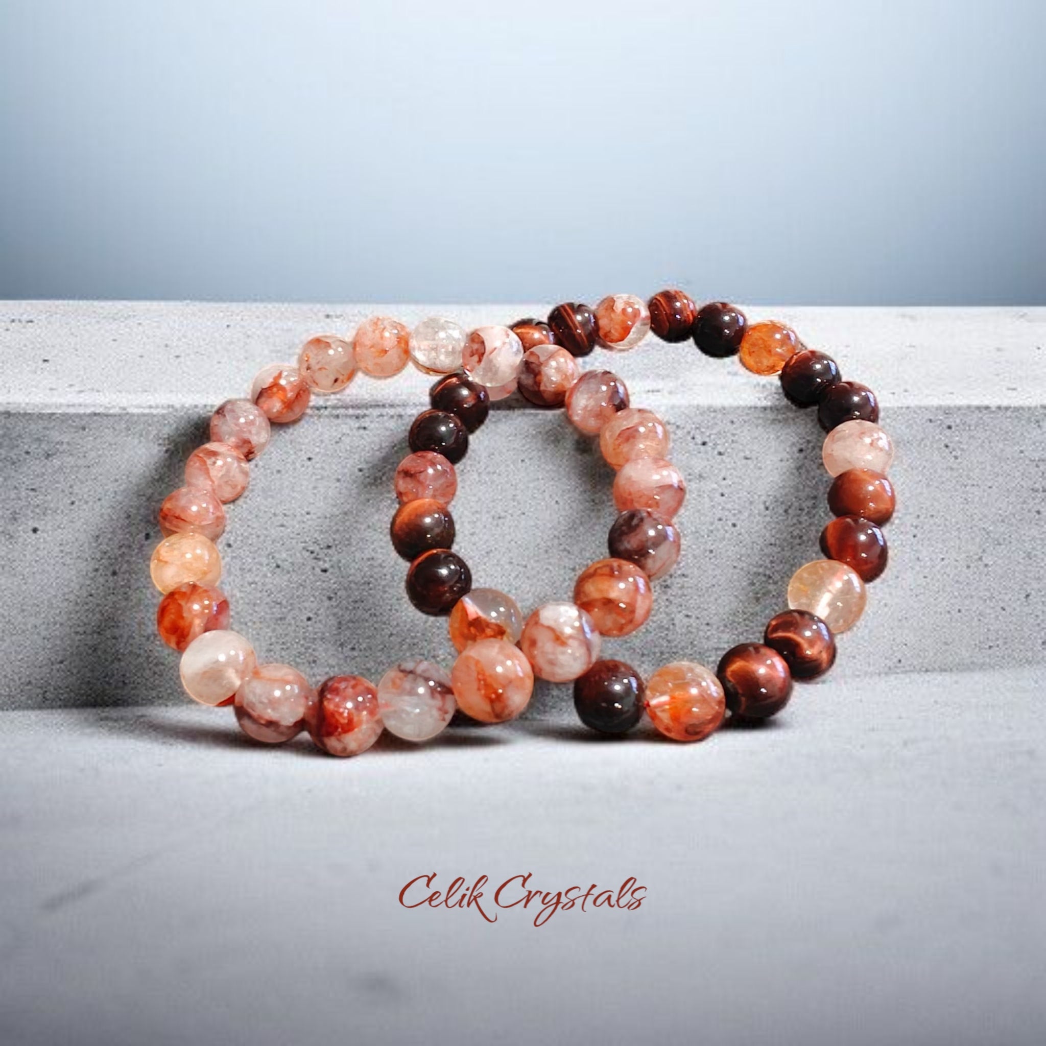 Fire Quartz and Red Tiger Eye Bracelet 2 Piece Set Natural Stones 8mm Stretches Unisex Healing Bracelet Handmade 