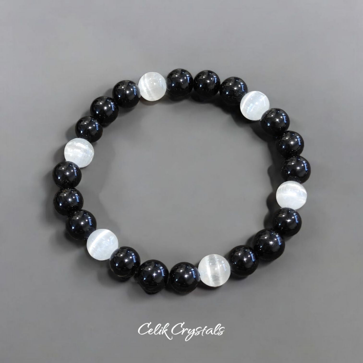 Selenite and Black Tourmaline Bracelet Set 2 Pieces Natural Stones Unisex design Stretches 8mm beads 