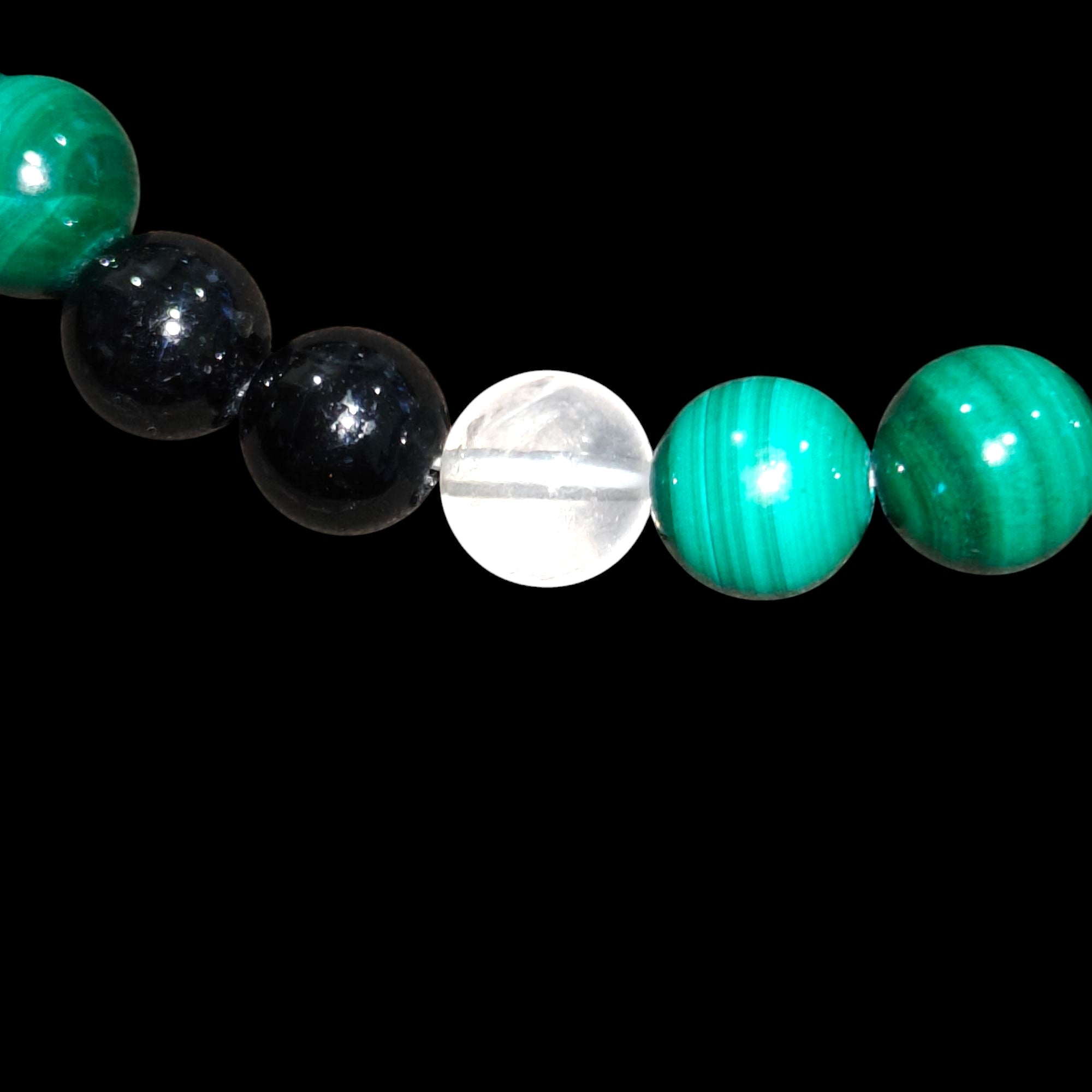 Malachite Bracelet with Black tourmaline and Quartz crystals stretches unisex design 