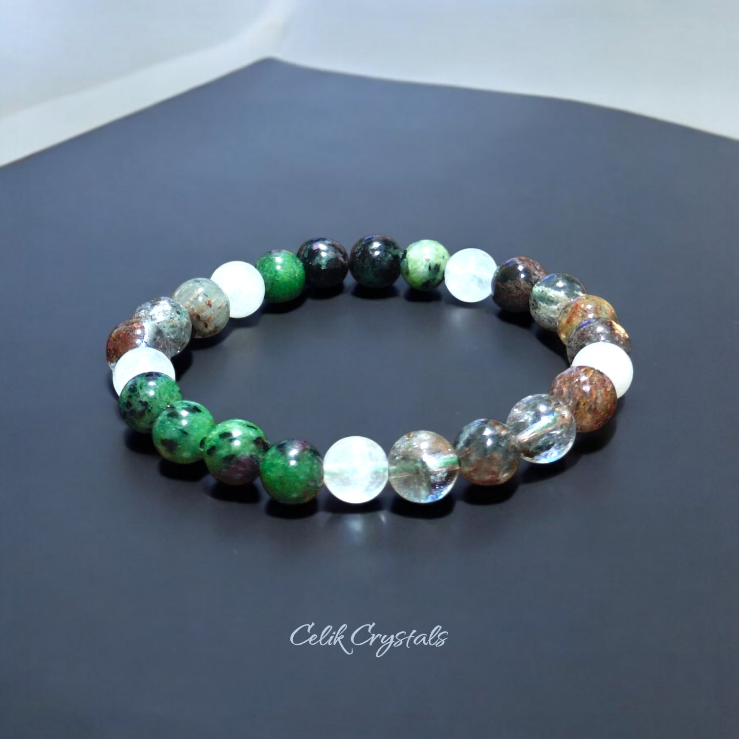 Ruby Zoisite, Garden Quartz and White Quartz Bracelet Natural Stones 8mm Stretches Unisex Healing Bracelet 