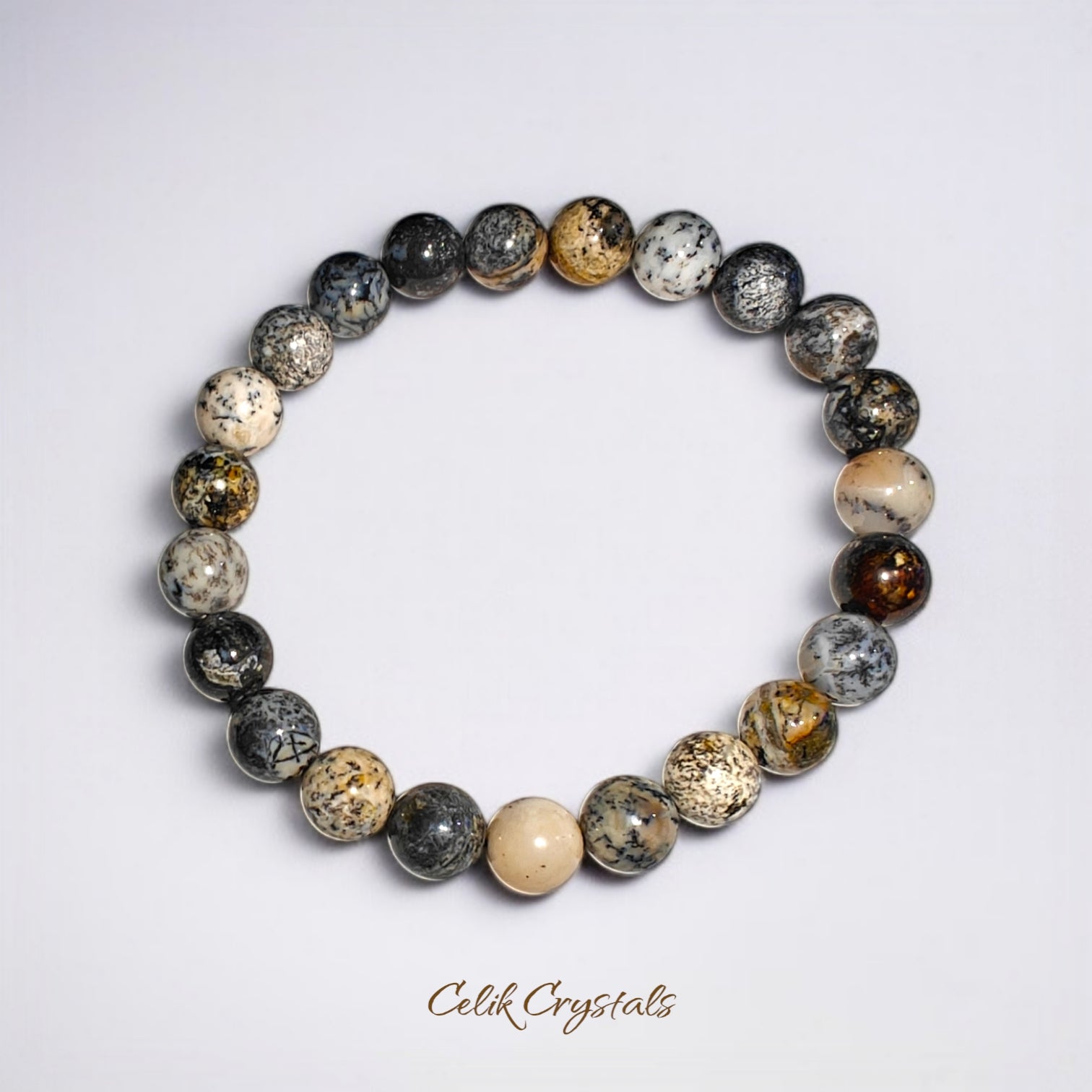 Dendritic Opal Bracelet Natural Stones 8mm Stretches Unisex Healing Bracelet Handmade 
