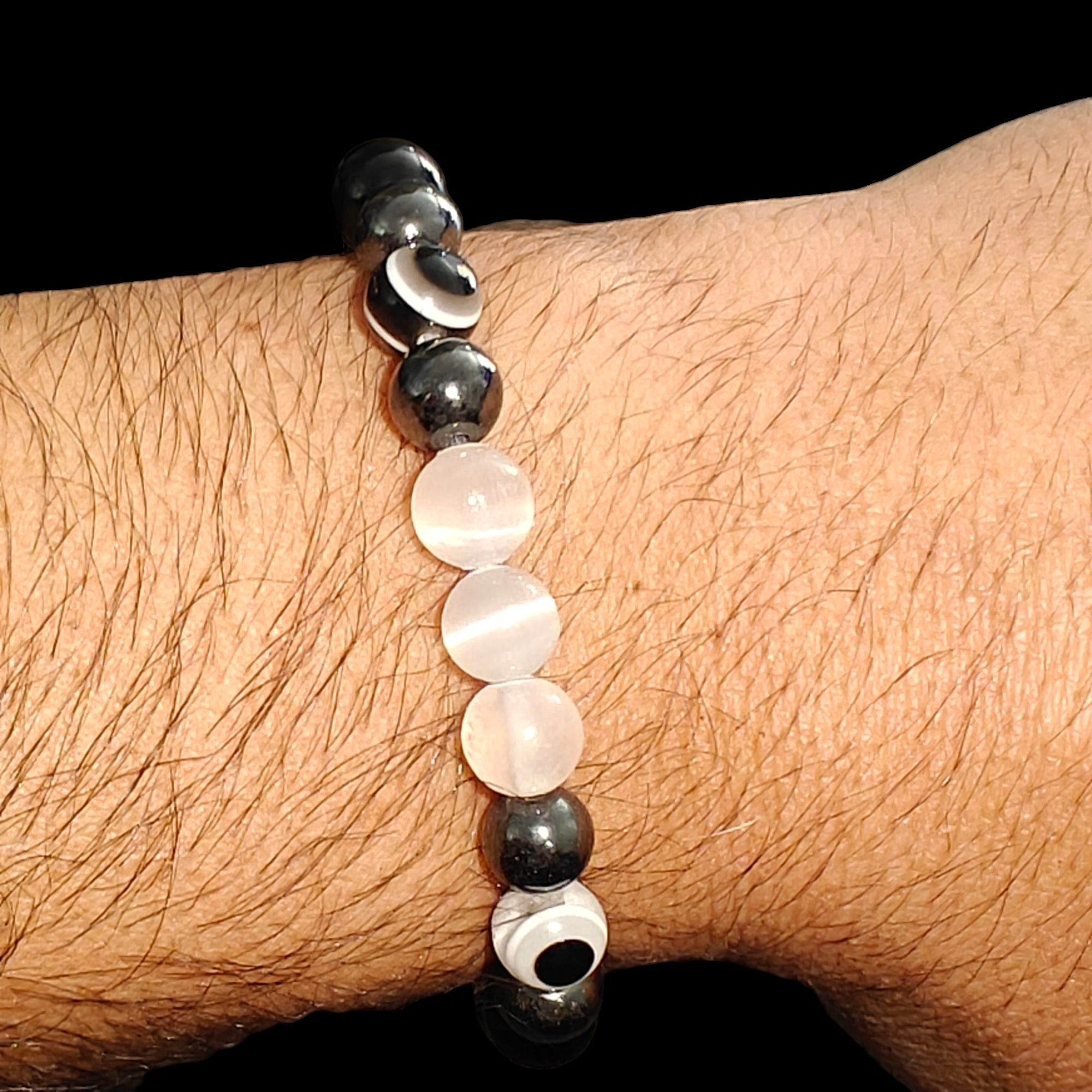 Evil Eye Bracelet with Hematite Black Tourmaline Selenite Natural Stones 8mm or 10mm beads Handmade 