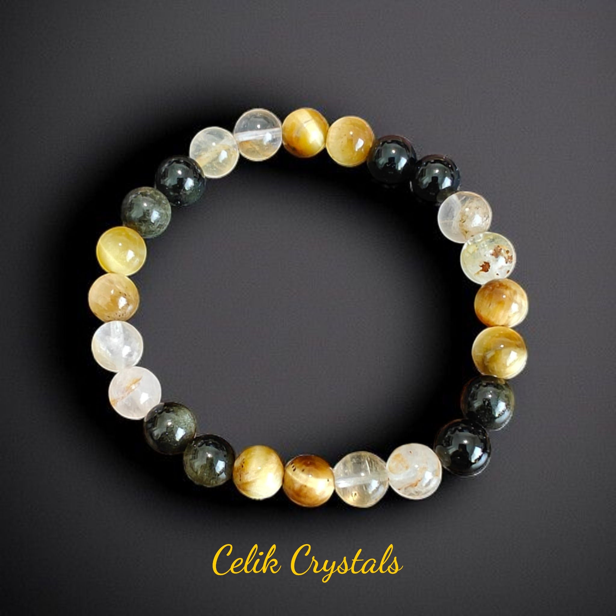 Golden Color Bracelet 8mm With Gold Obsidian, Gold Tiger Eye and Golden Healer Quartz Natural Stones 