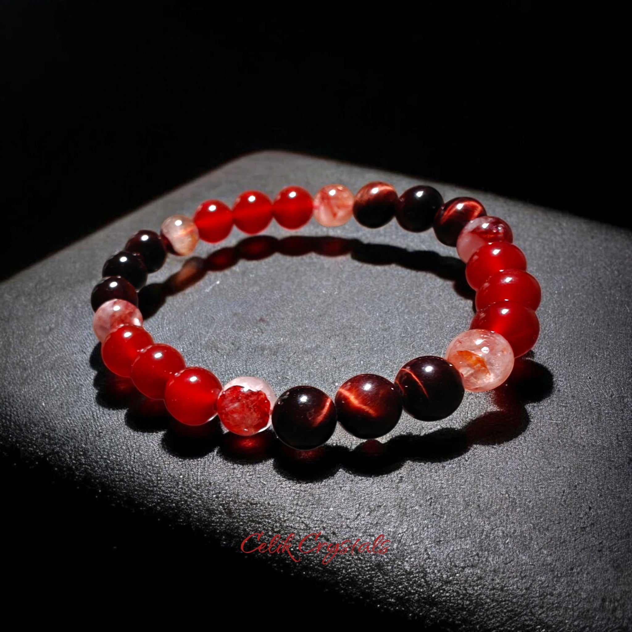 Red Tiger Eye Bracelet with Carnelian and Fire Quartz 