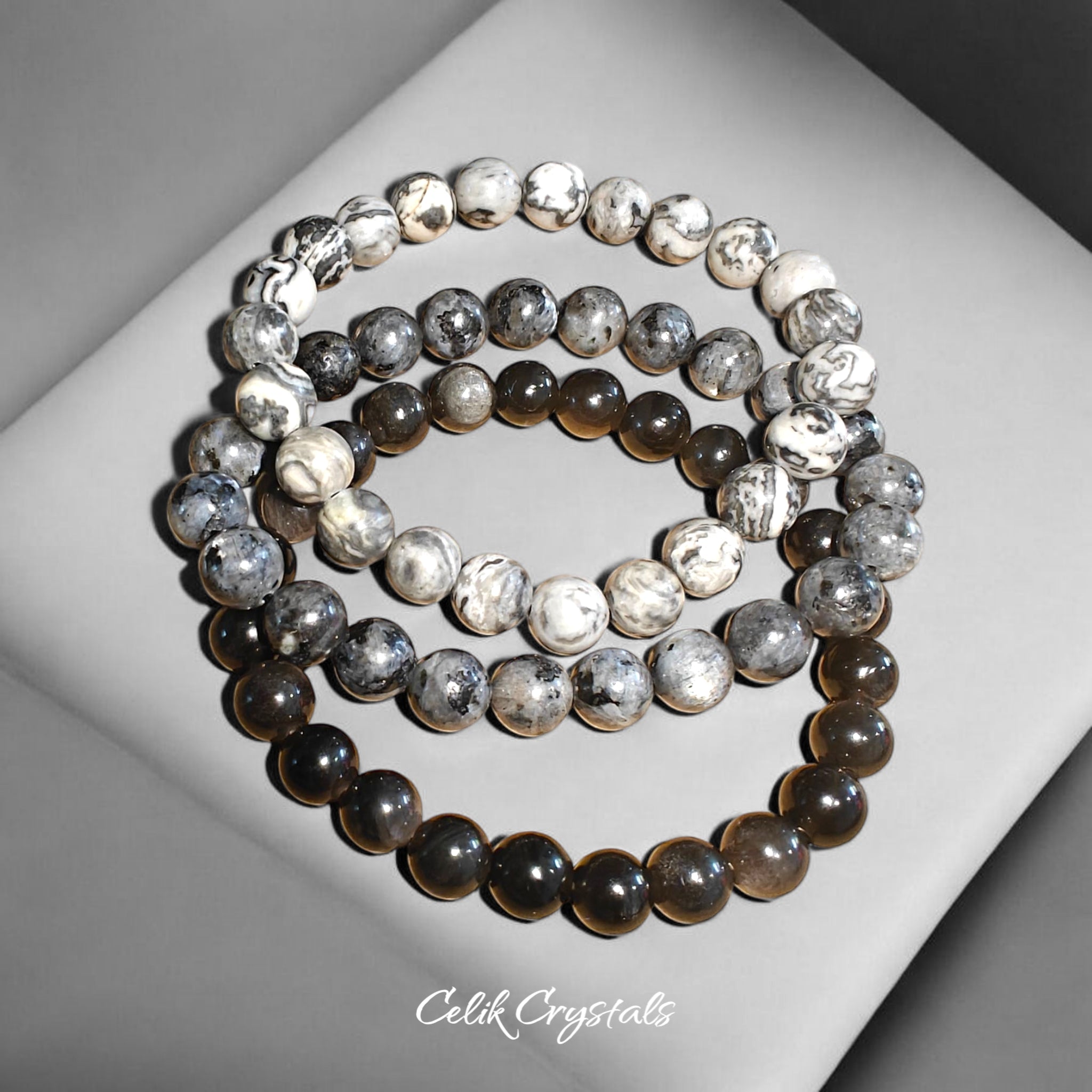 3 Piece Protection Bracelet Set With Map Jasper Silver Obsidian Larvikite 8mm Stretches Unisex Healing Bracelet Set