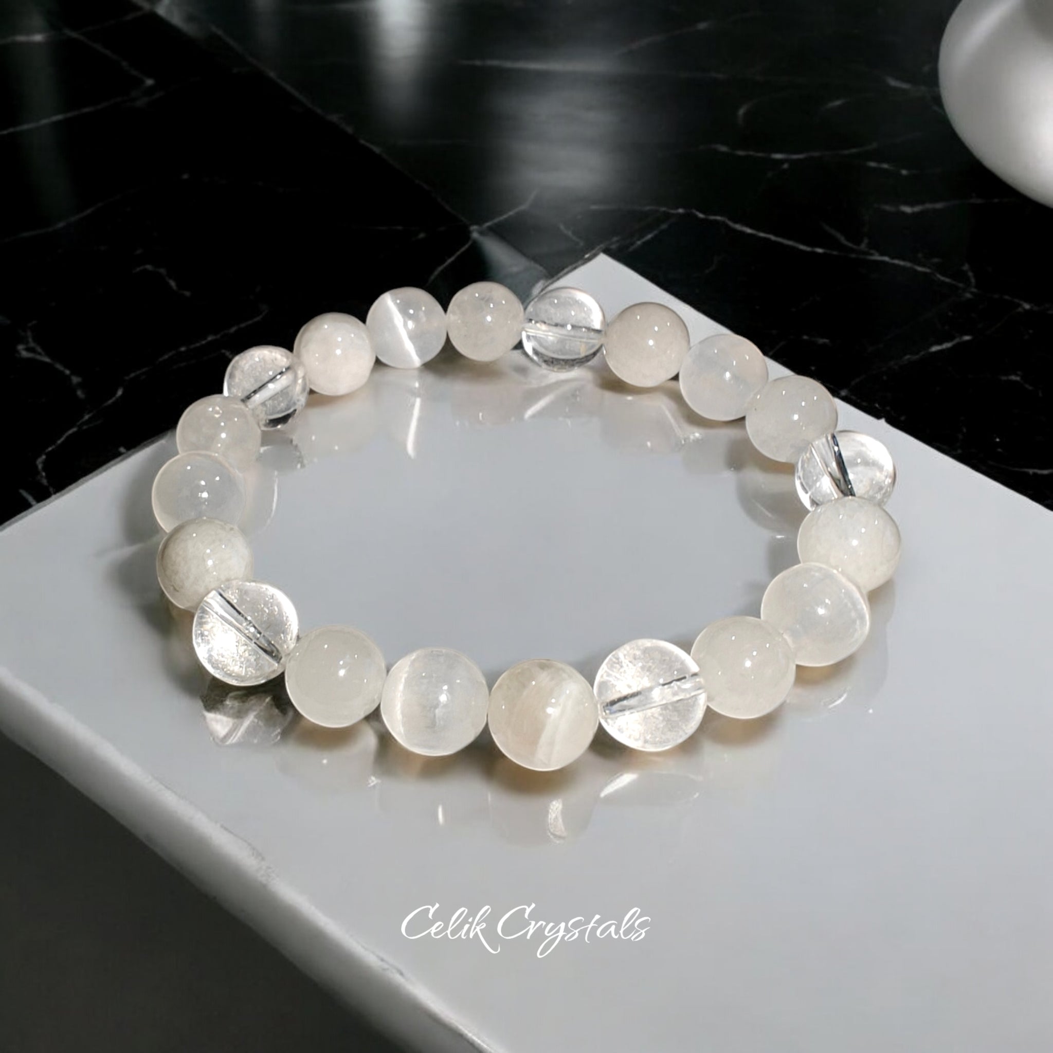 Selenite and White Quartz Bracelet Natural Stones 