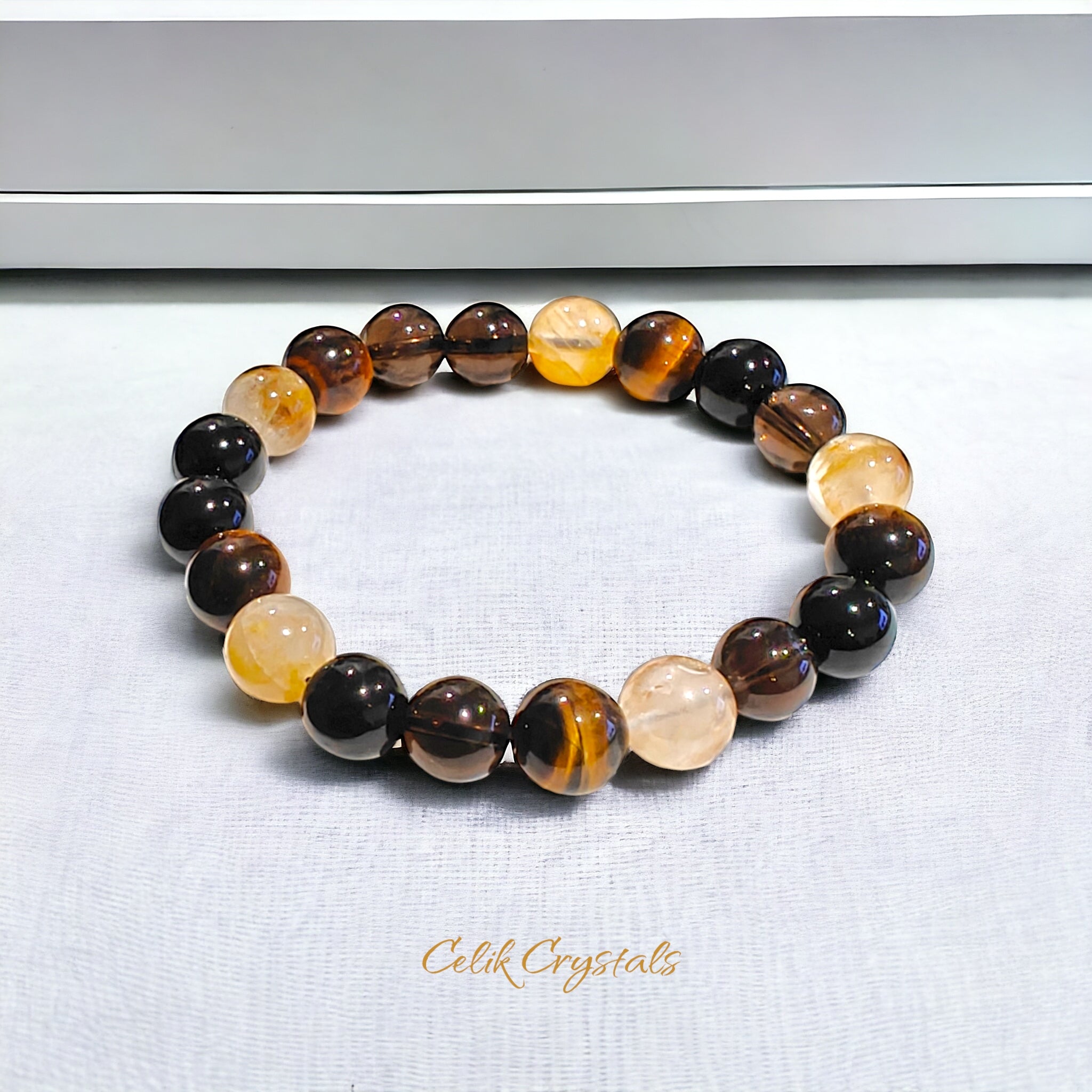 Smoky Quartz, Golden Healer Quartz, Tiger Eye Bracelet Natural Stones 