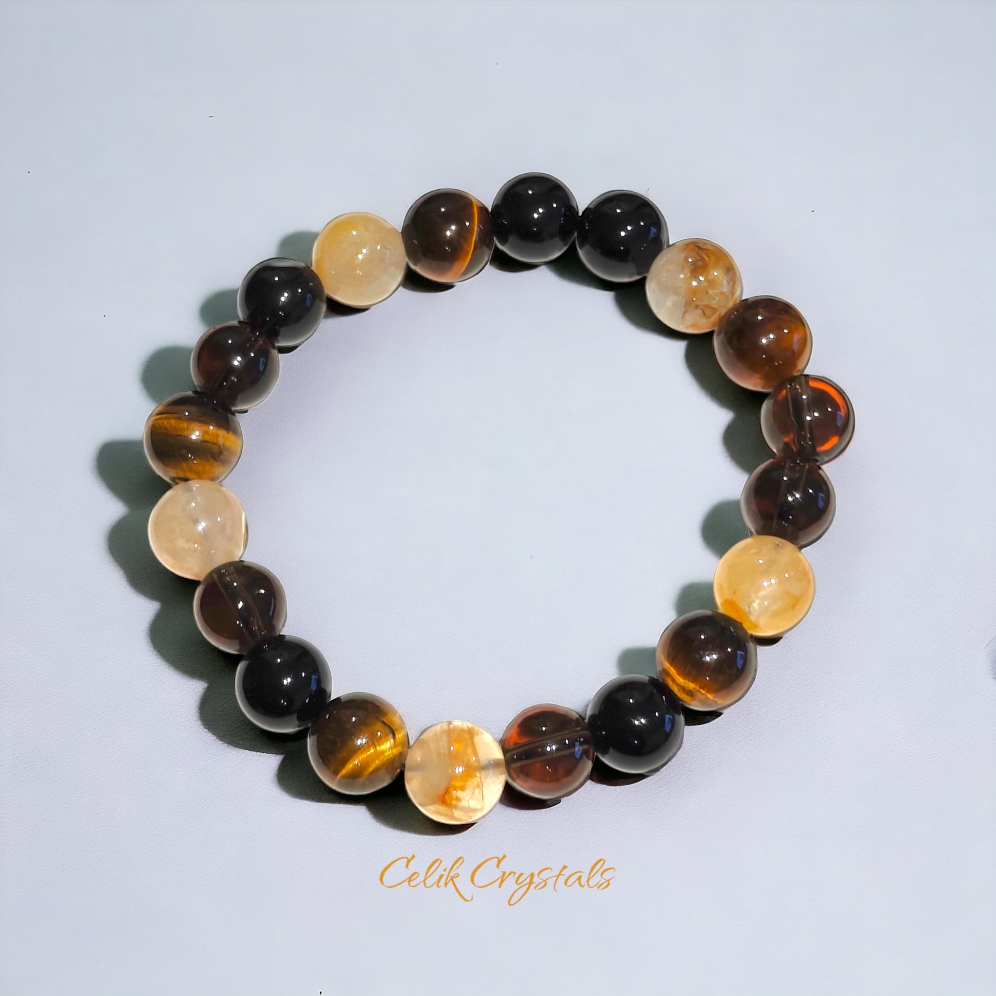Smoky Quartz, Golden Healer Quartz, Tiger Eye Bracelet Natural Stones 