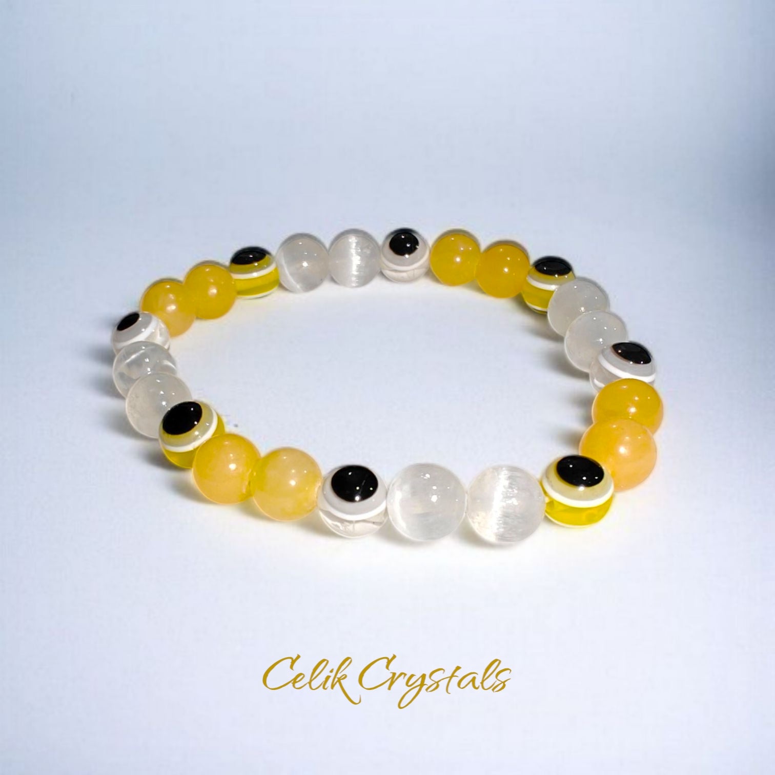 Yellow and White Evil Eye Bracelet with Honey Calcite and Selenite 8mm beads natural stones 