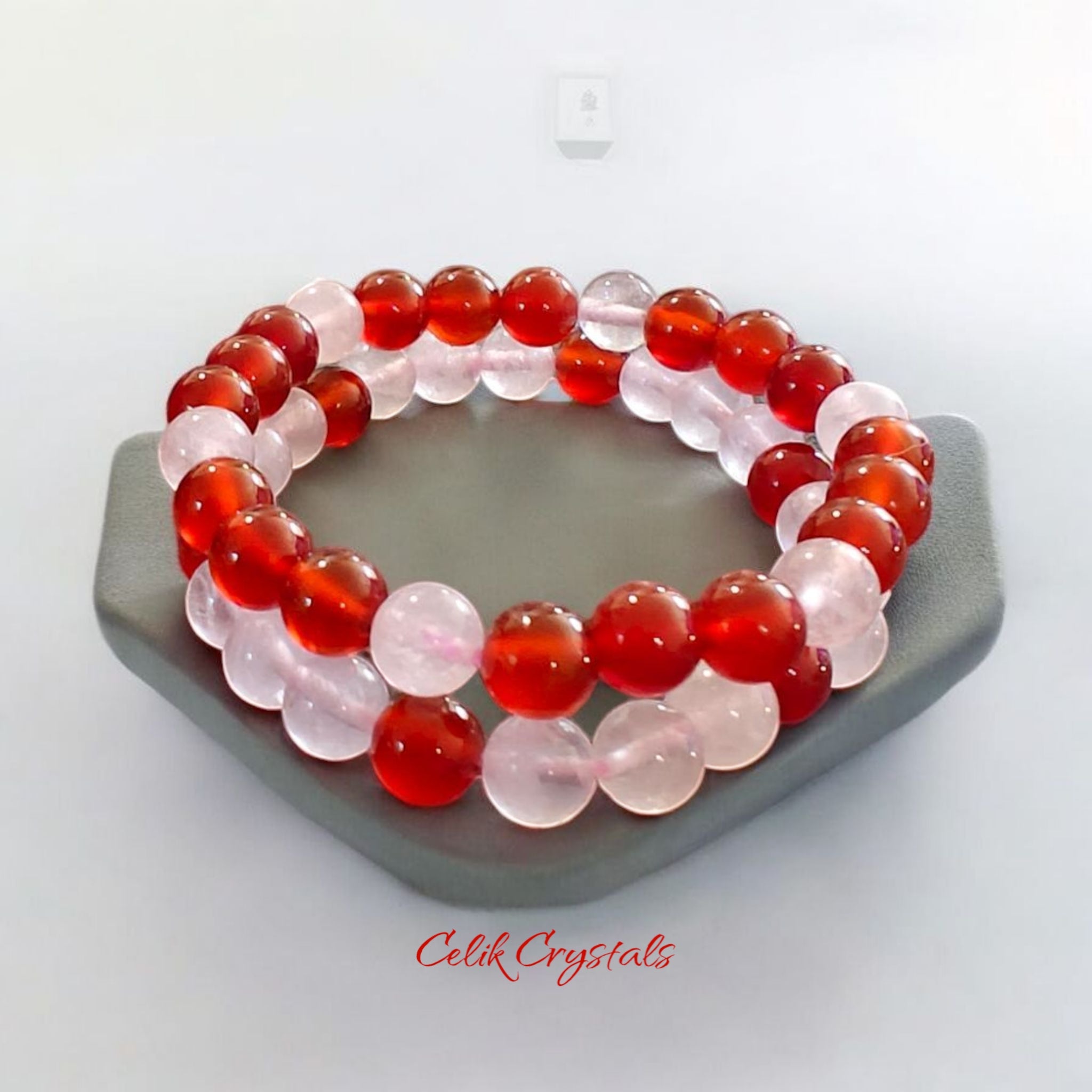Rose Quartz and Carnelian Bracelet 2 Piece Set Natural Stones 8mm Stretches Women's Bracelet 