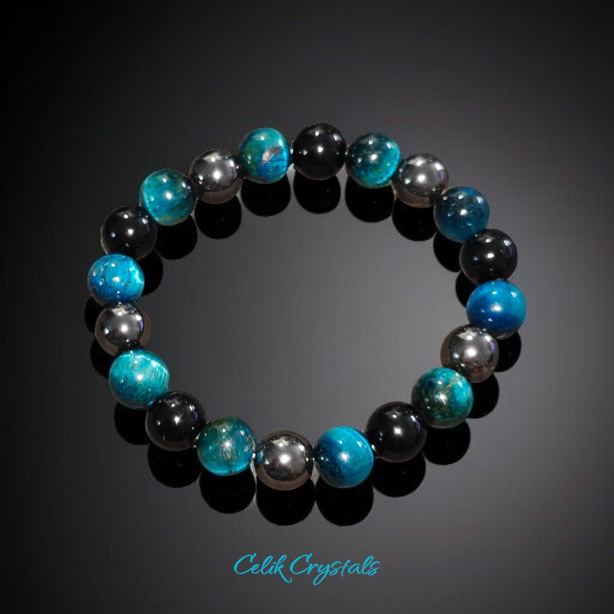 Triple Protection Bracelet 10mm Beads with Lake Blue Tiger Eye, Hematite and Obsidian Stretches 