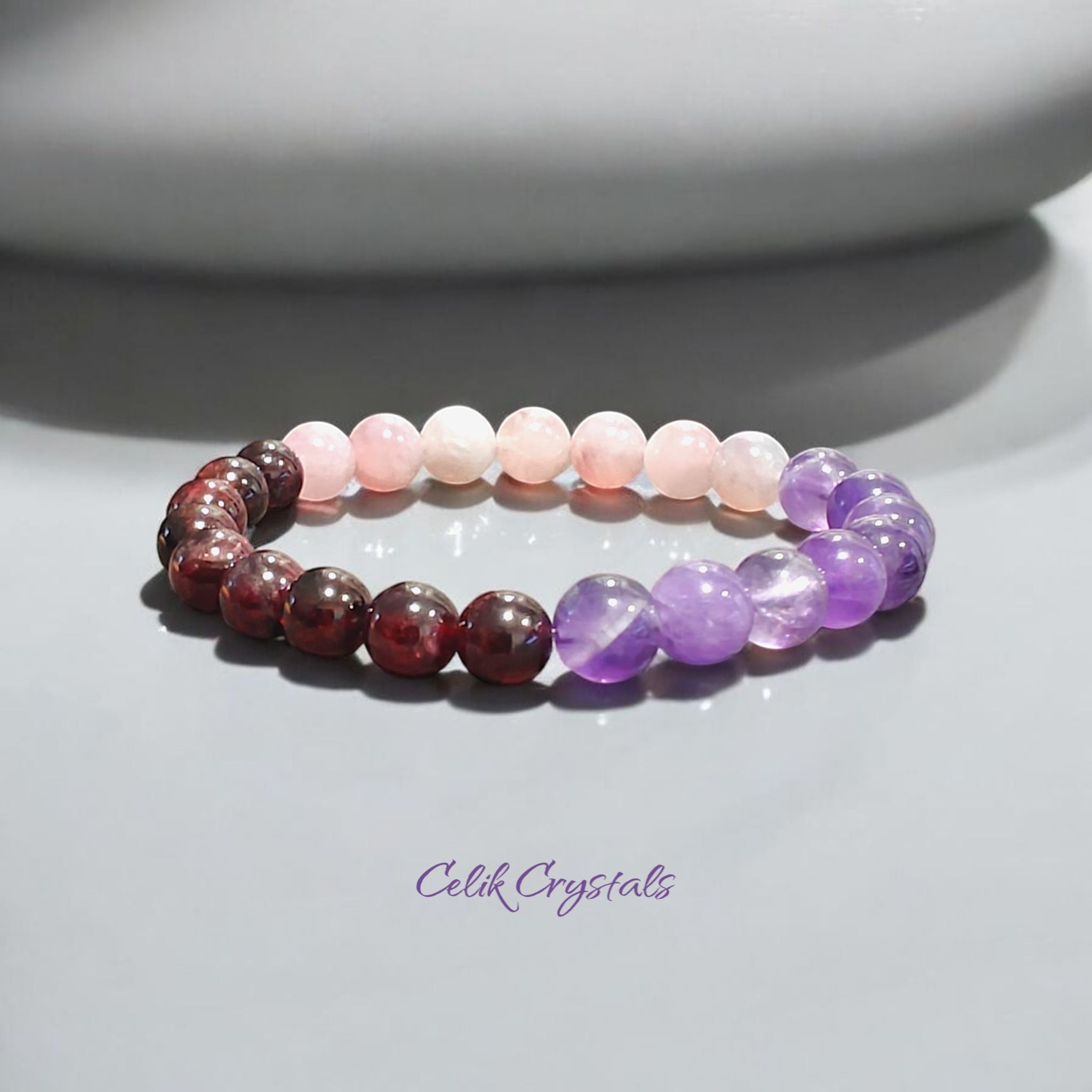 Bracelet with Lavender Rose Quartz, Garnet and Amethyst Stretch Crystal Bracelet 8mm Beads 