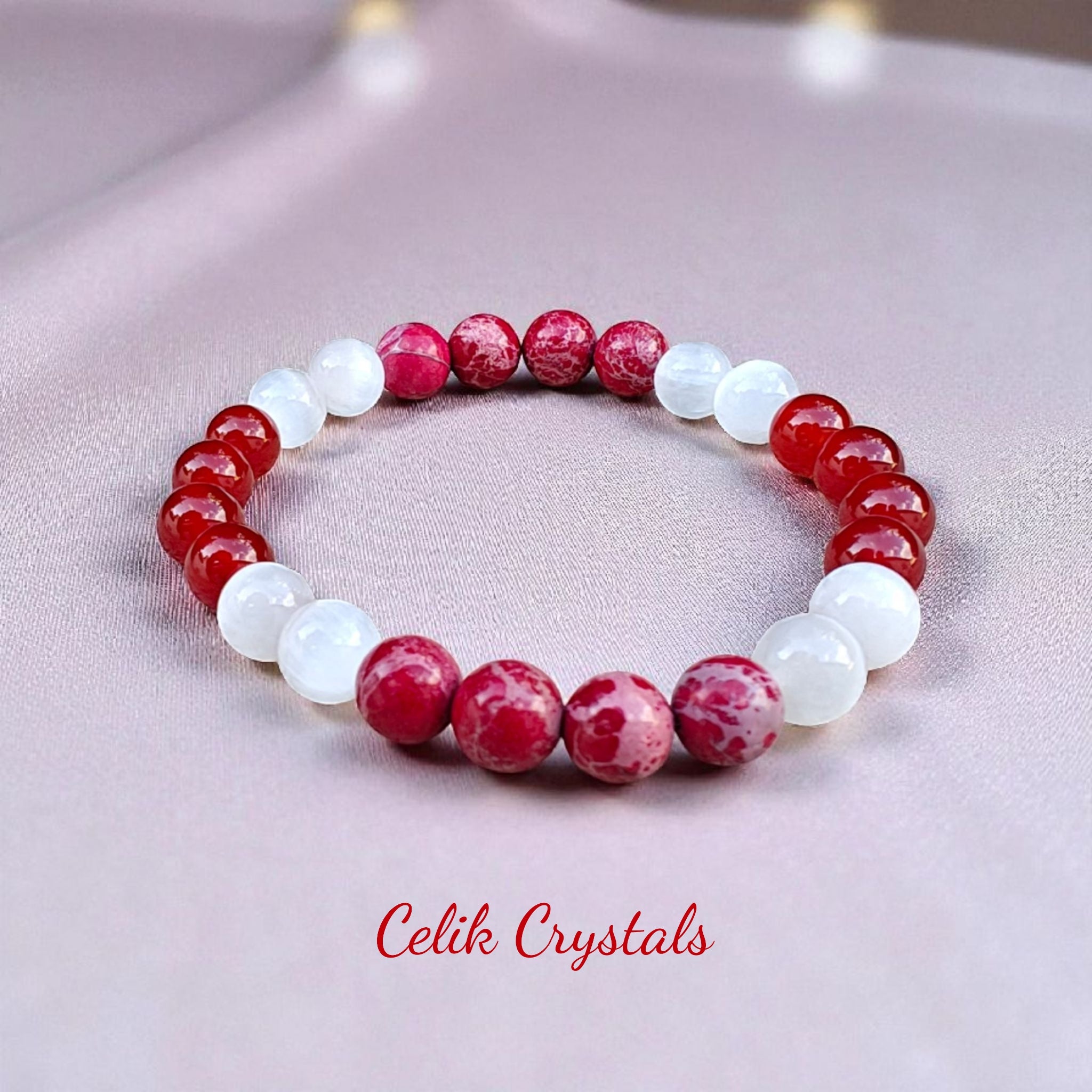 Carnelian, Red Imperial Jasper and Selenite Bracelet 8mm 