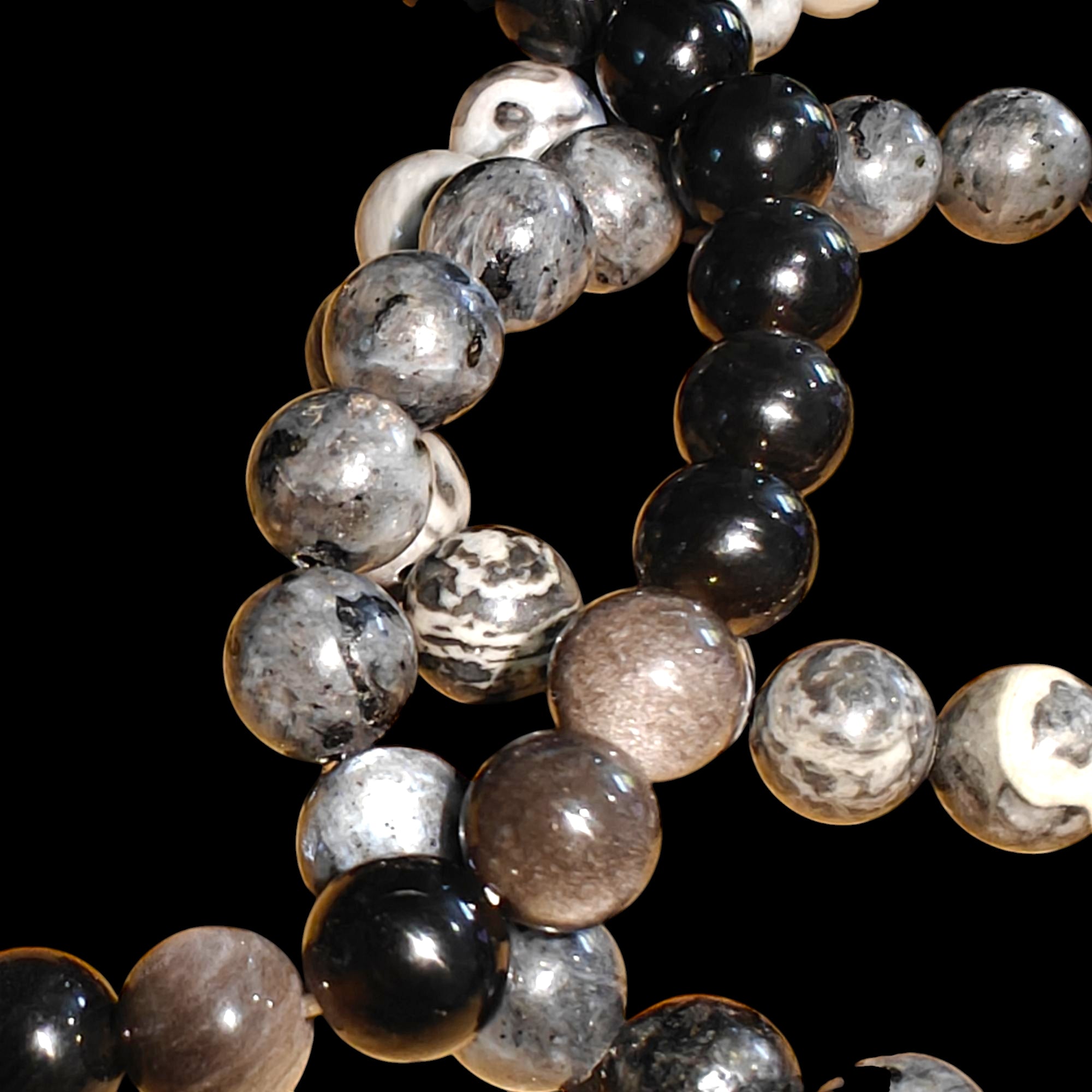 3 Piece Protection Bracelet Set With Map Jasper Silver Obsidian Larvikite 8mm Stretches Unisex Healing Bracelet Set