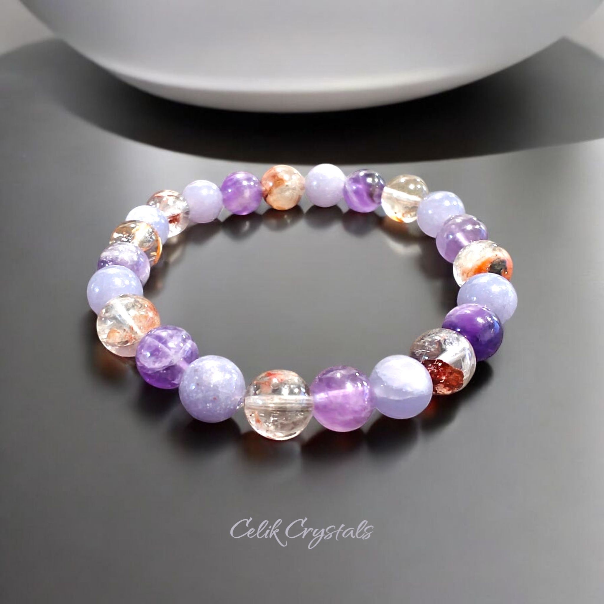 Lepidolite and Chevron Amethyst Bracelet Natural Stones 8mm Stretches Unisex Healing Bracelet 