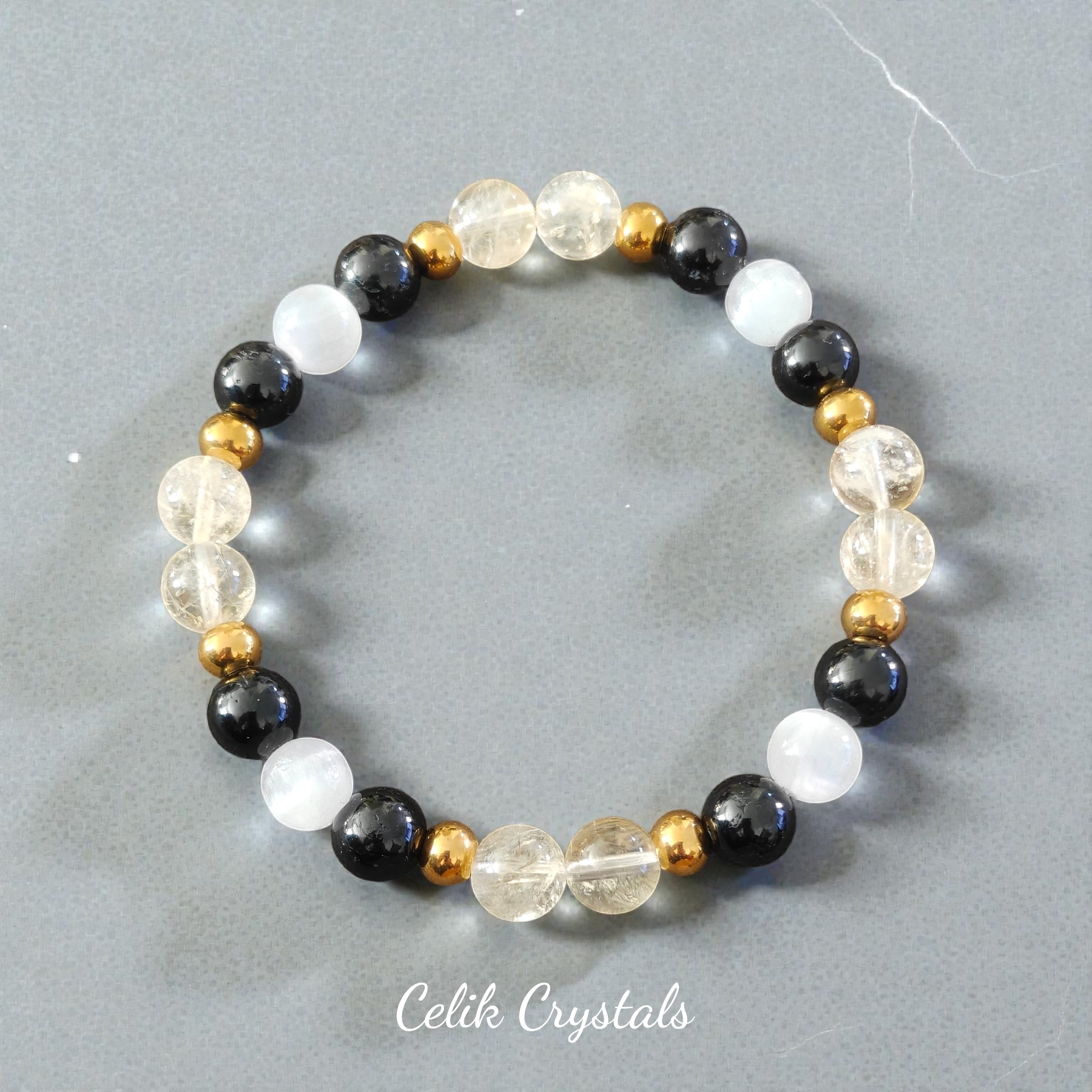 Citrine, Selenite, Black Tourmaline Bracelet Unisex Gold Plated Stainless Steel Spacers 8mm