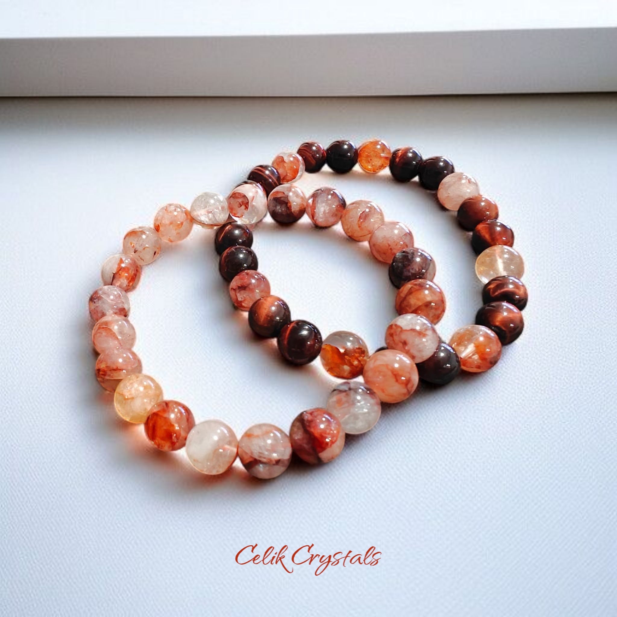 Fire Quartz and Red Tiger Eye Bracelet 2 Piece Set Natural Stones 8mm Stretches Unisex Healing Bracelet Handmade 