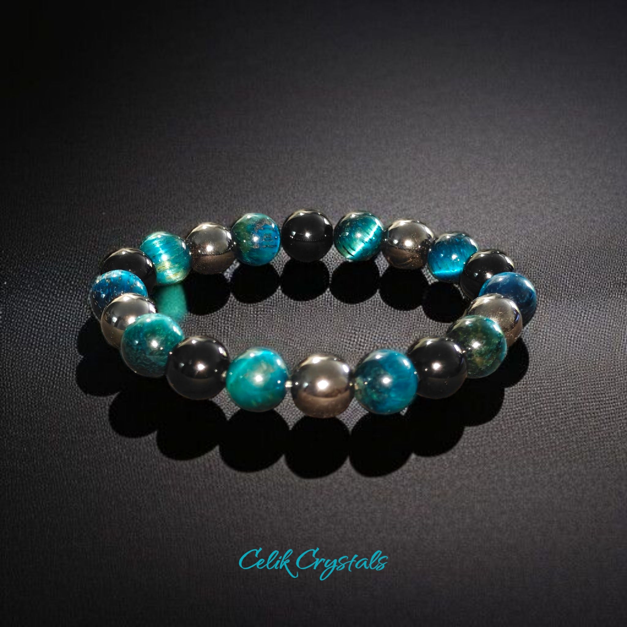 Triple Protection Bracelet 10mm Beads with Lake Blue Tiger Eye, Hematite and Obsidian Stretches 
