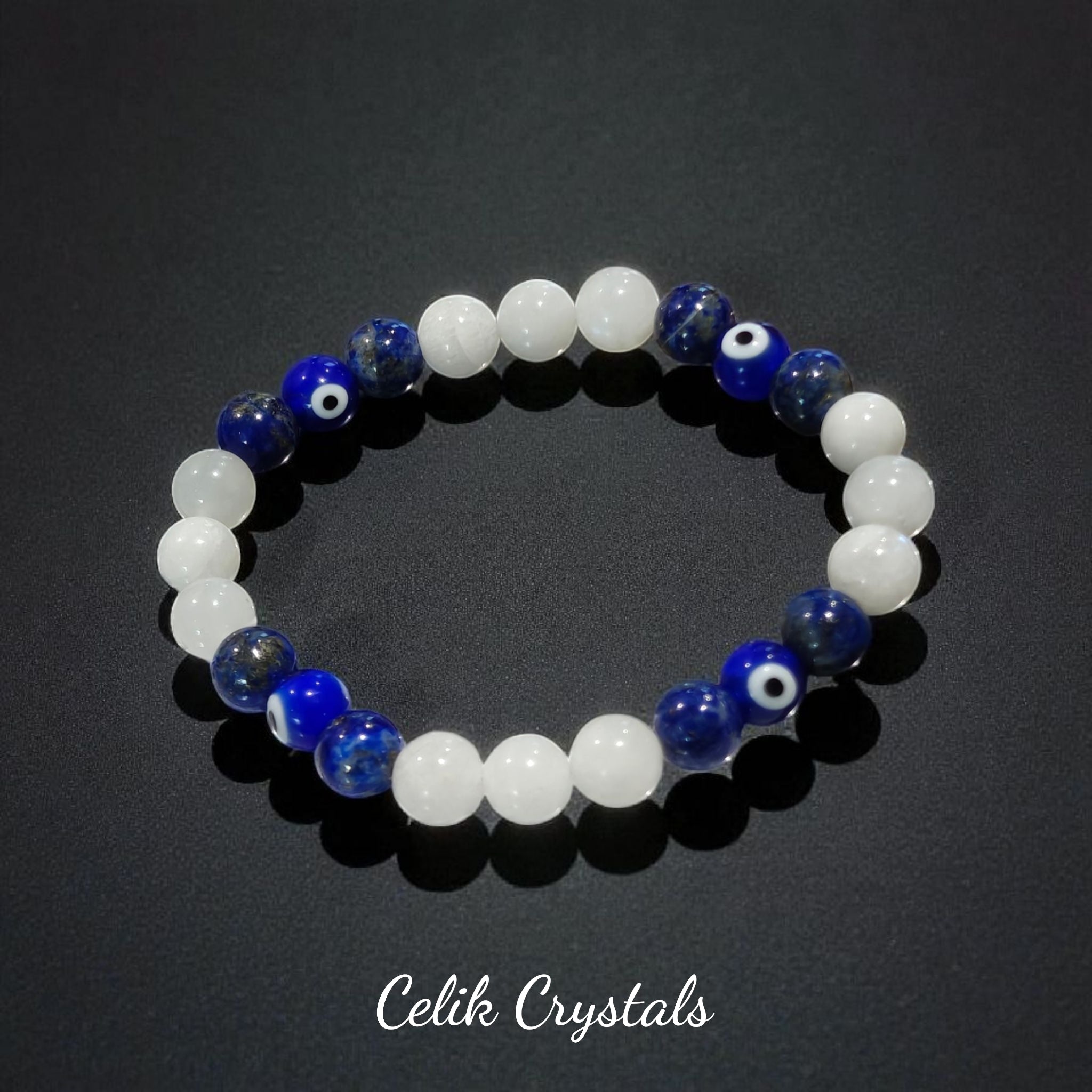 Lapis Lazuli and Moonstone Evil Eye Bracelet 8mm