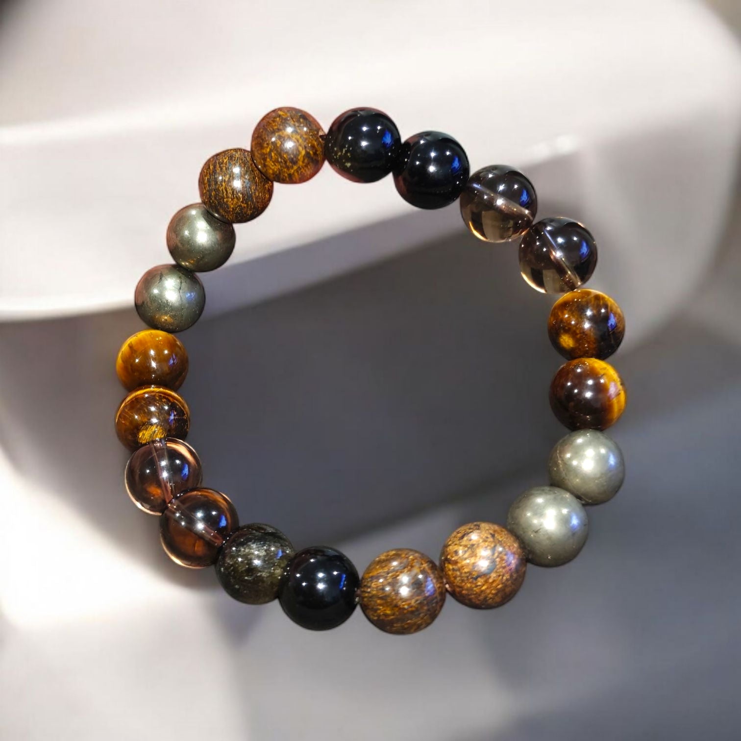 Protection Bracelet with Pyrite, Tiger Eye, Bronzite, Gold Obsidian and Smoky Quartz 10mm Natural Stones Stretch 