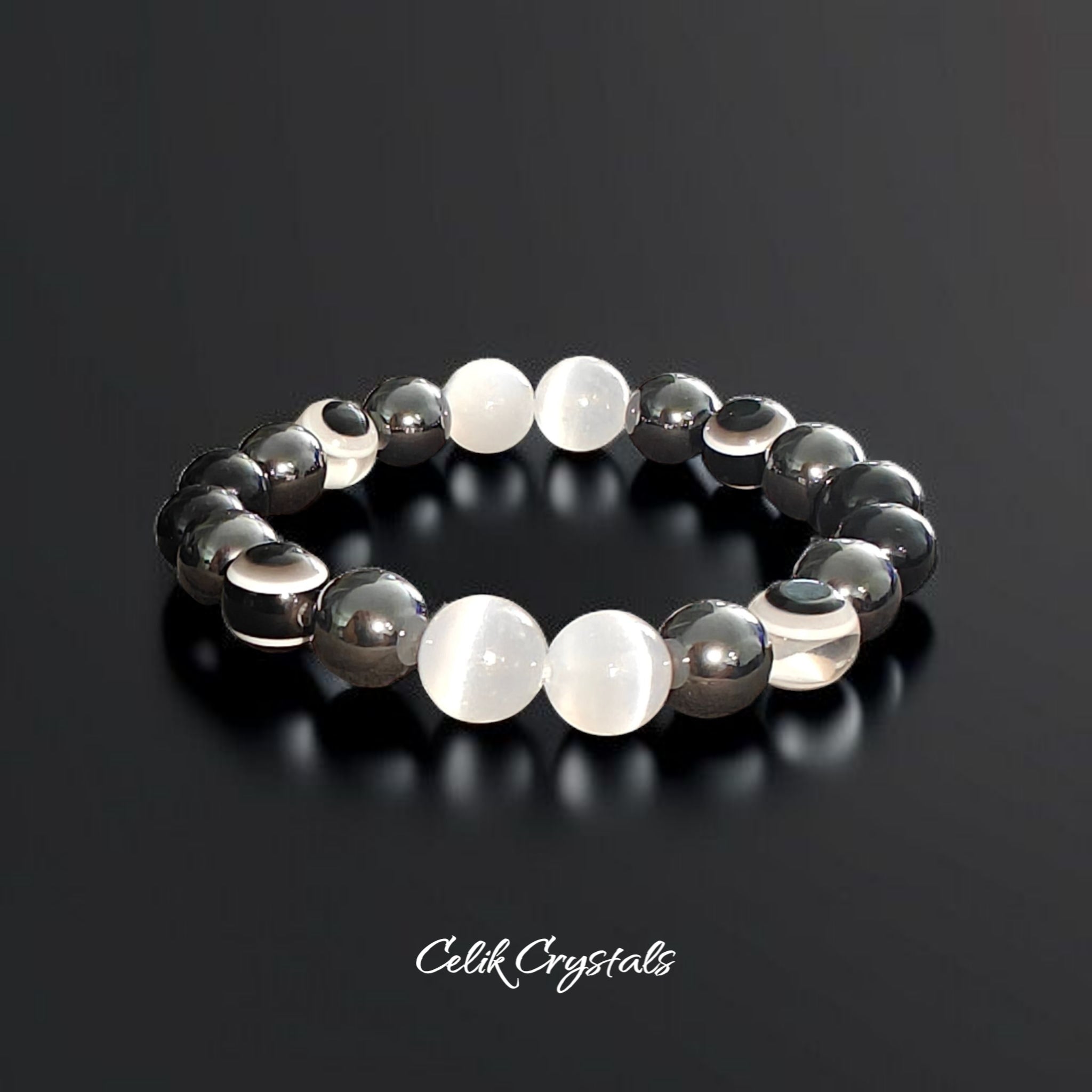 Evil Eye Bracelet with Hematite Black Tourmaline Selenite Natural Stones 8mm or 10mm beads Handmade 