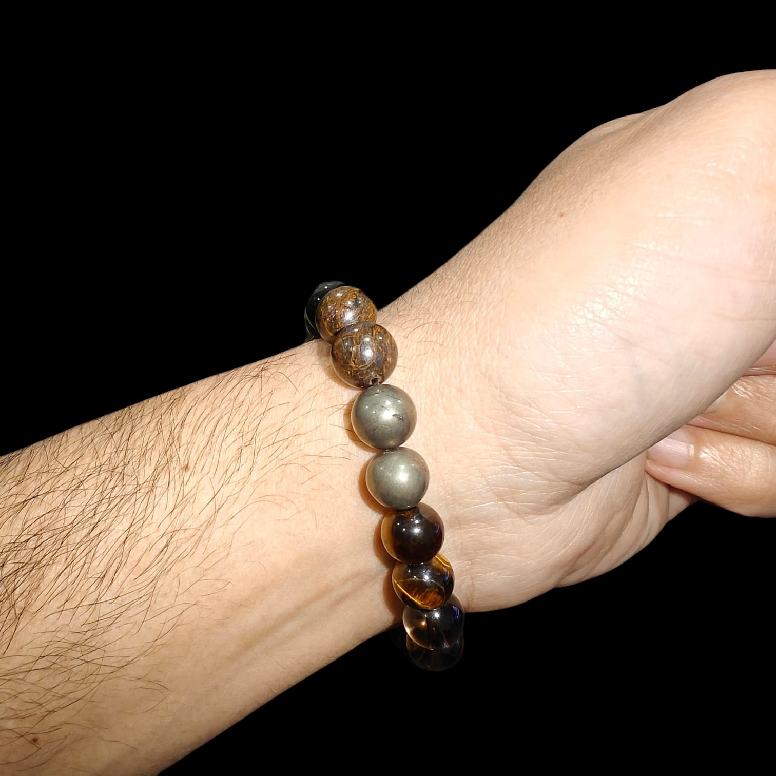 Protection Bracelet with Pyrite, Tiger Eye, Bronzite, Gold Obsidian and Smoky Quartz 10mm Natural Stones Stretch 
