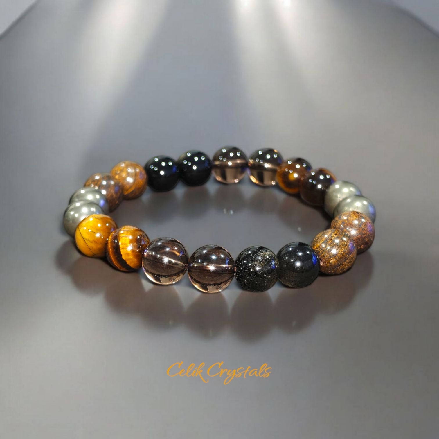 Protection Bracelet with Pyrite, Tiger Eye, Bronzite, Gold Obsidian and Smoky Quartz 10mm Natural Stones Stretch 