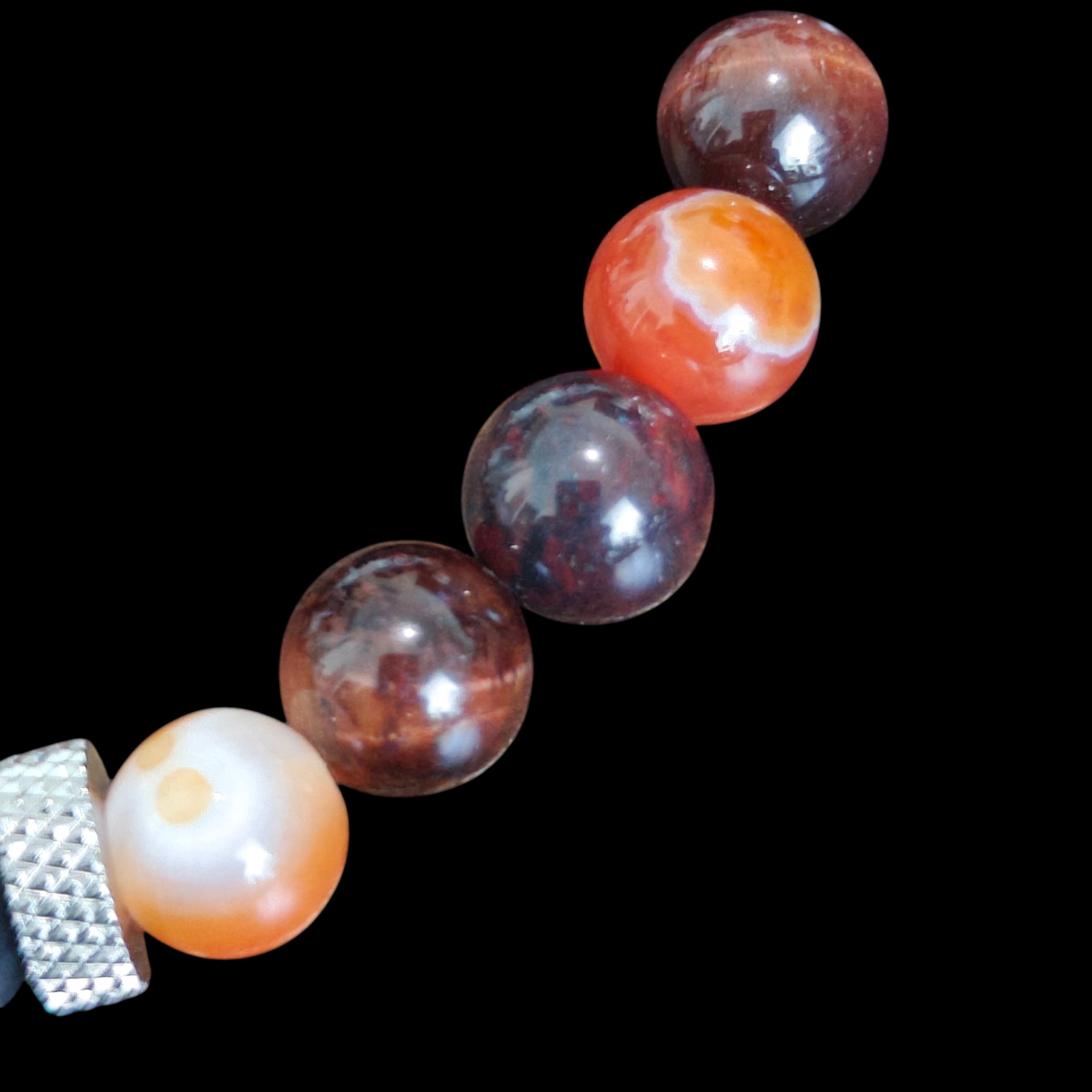 Bloodstone Jasper Bracelet with Carnelian, Red Tiger Eye and Stainless Steel Spacers 