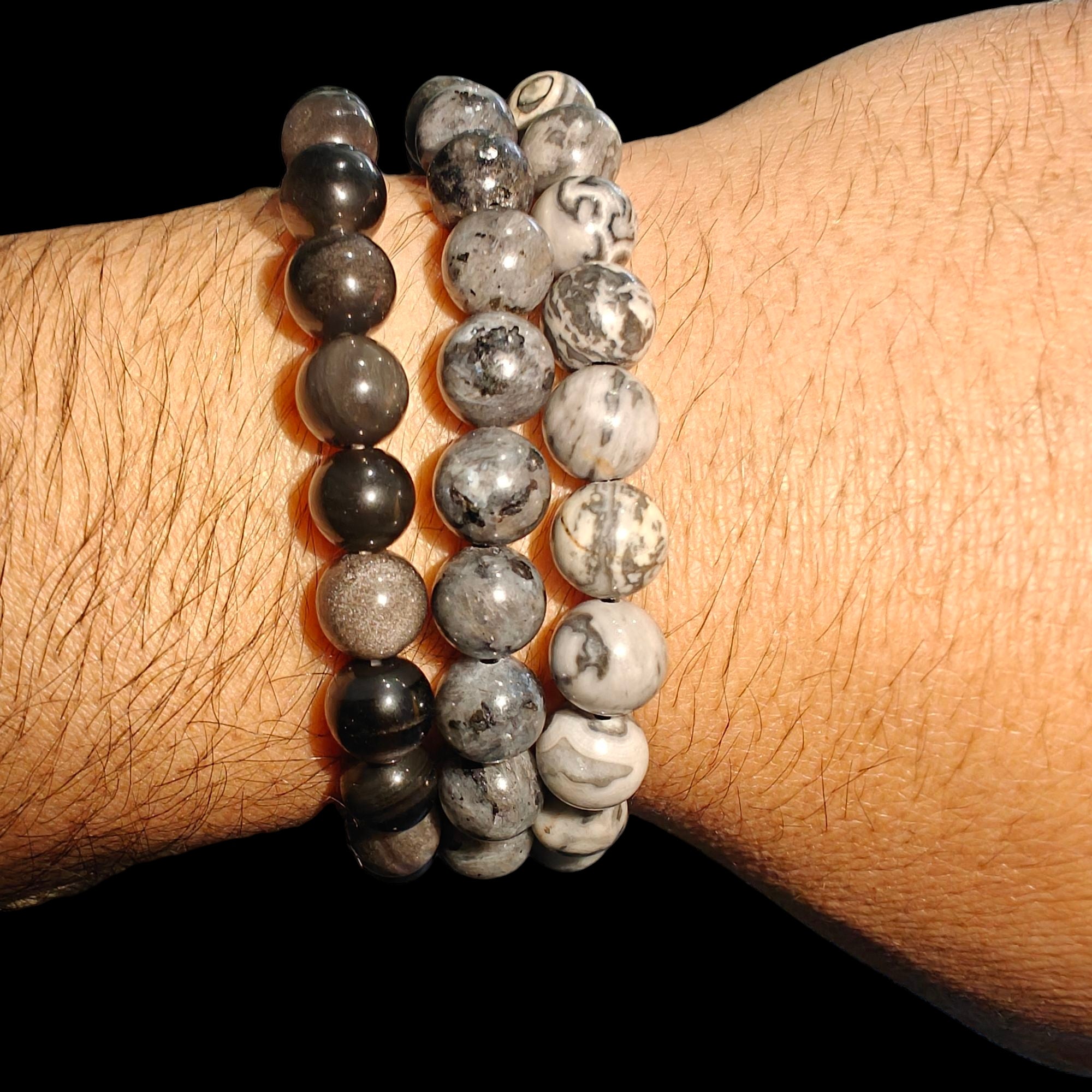 3 Piece Protection Bracelet Set With Map Jasper Silver Obsidian Larvikite 8mm Stretches Unisex Healing Bracelet Set