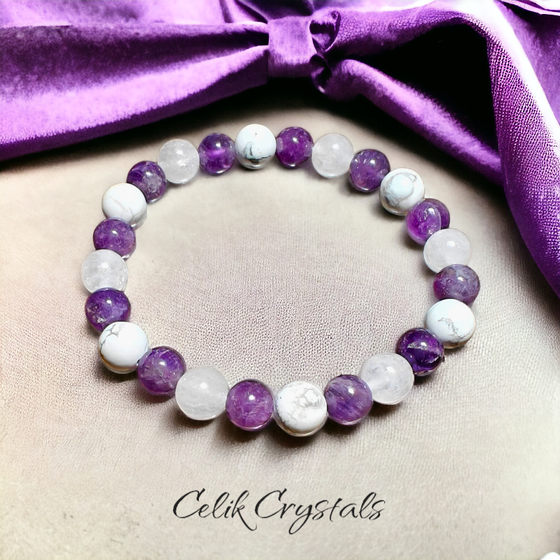 Triple Protection Amethyst White Quartz and Howlite Bracelet 