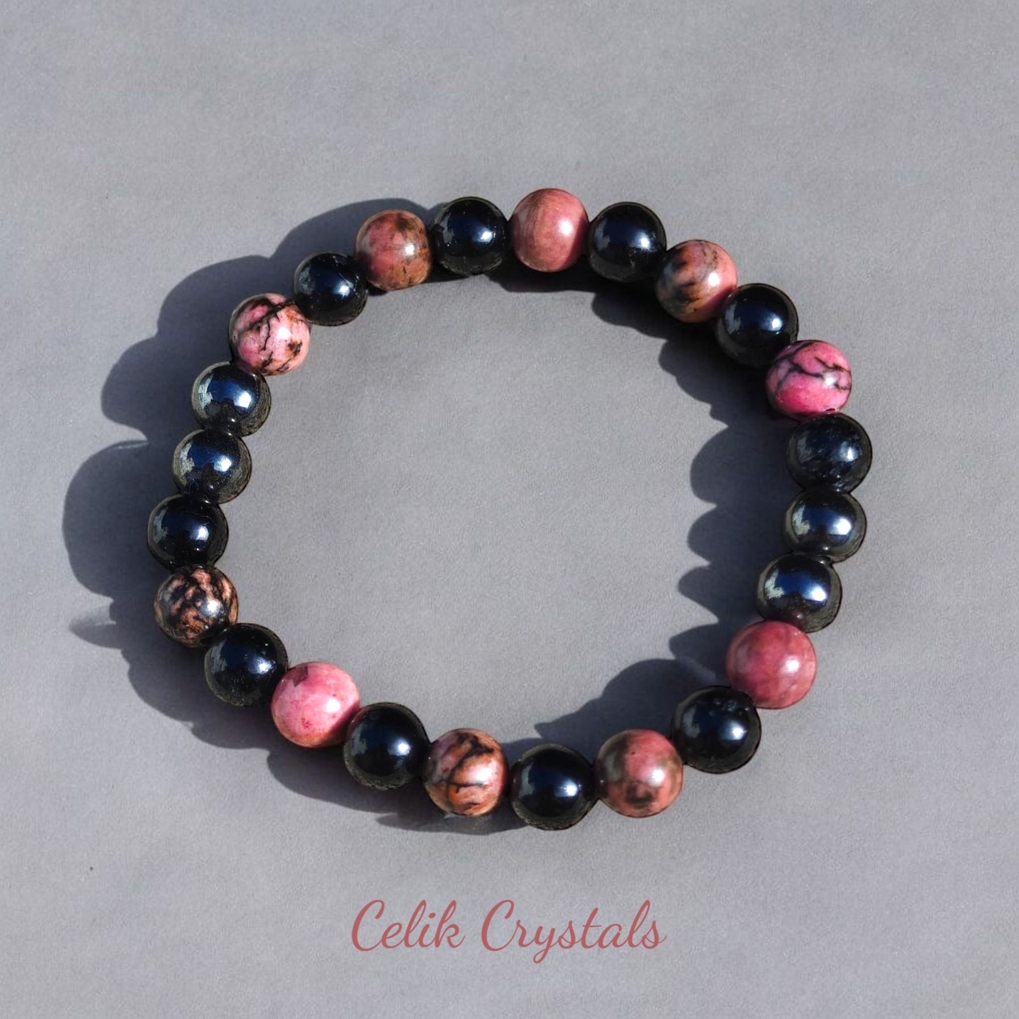 Rhodonite Hematite Black Tourmaline Bracelet 