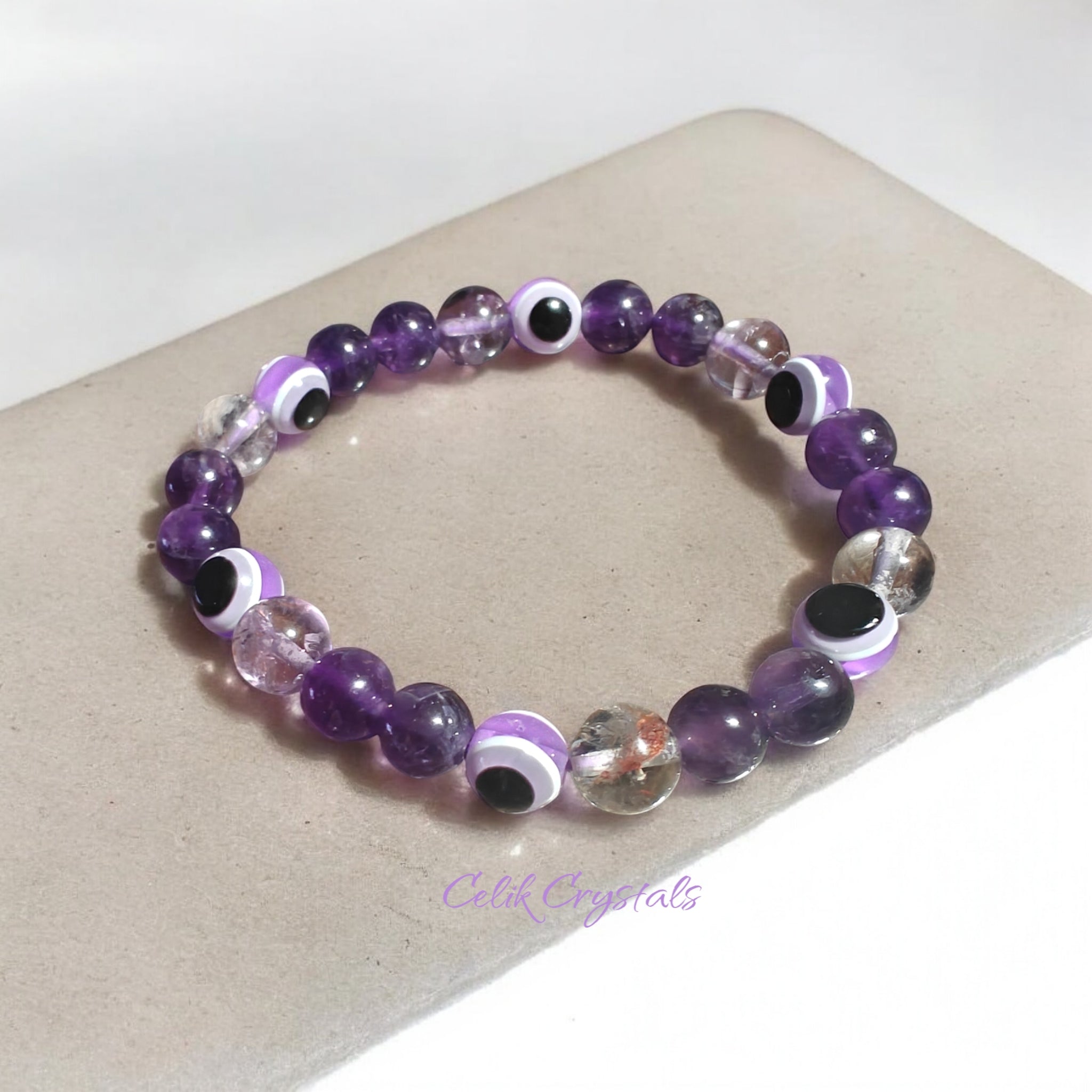 Evil Eye and Amethyst Bracelet Stretches 