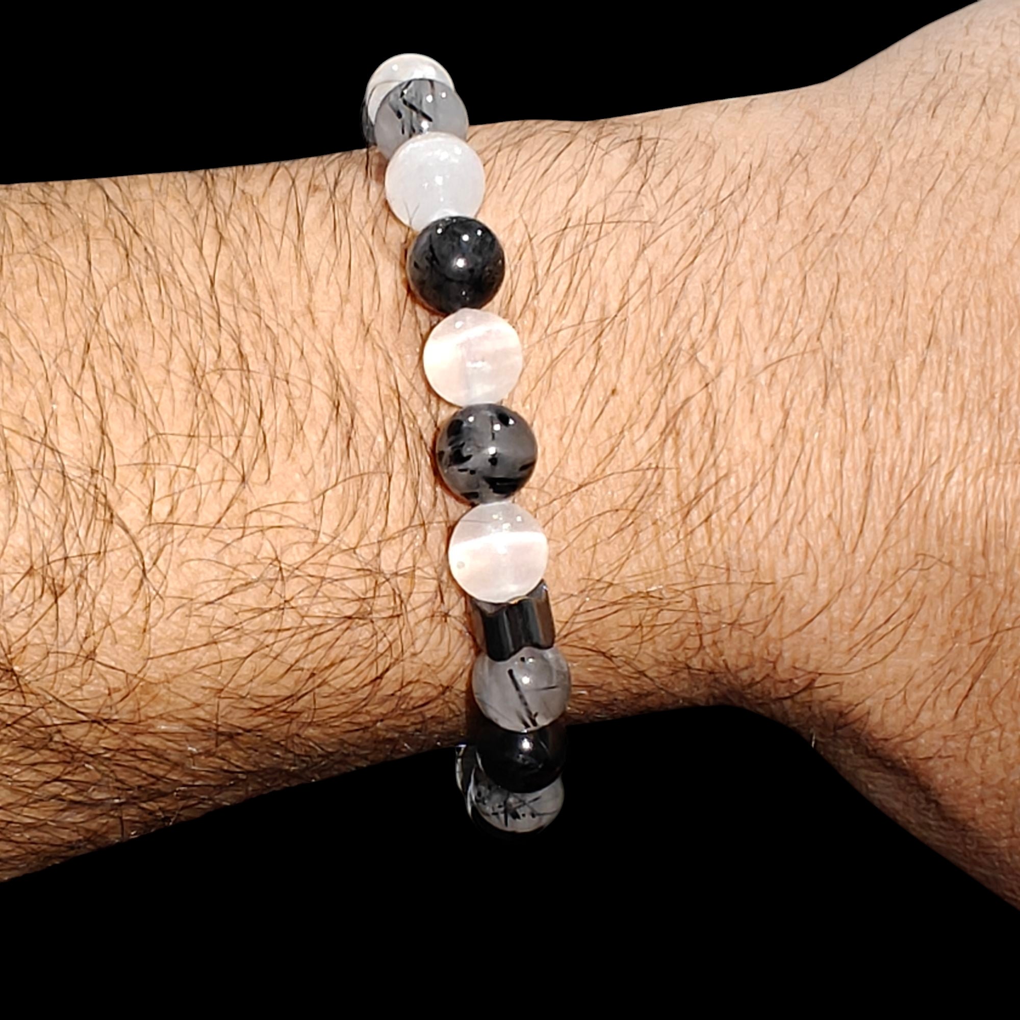 Black Tourmaline Quartz and Selenite Stretch Crystal Bead Bracelet 8mm Unisex 
